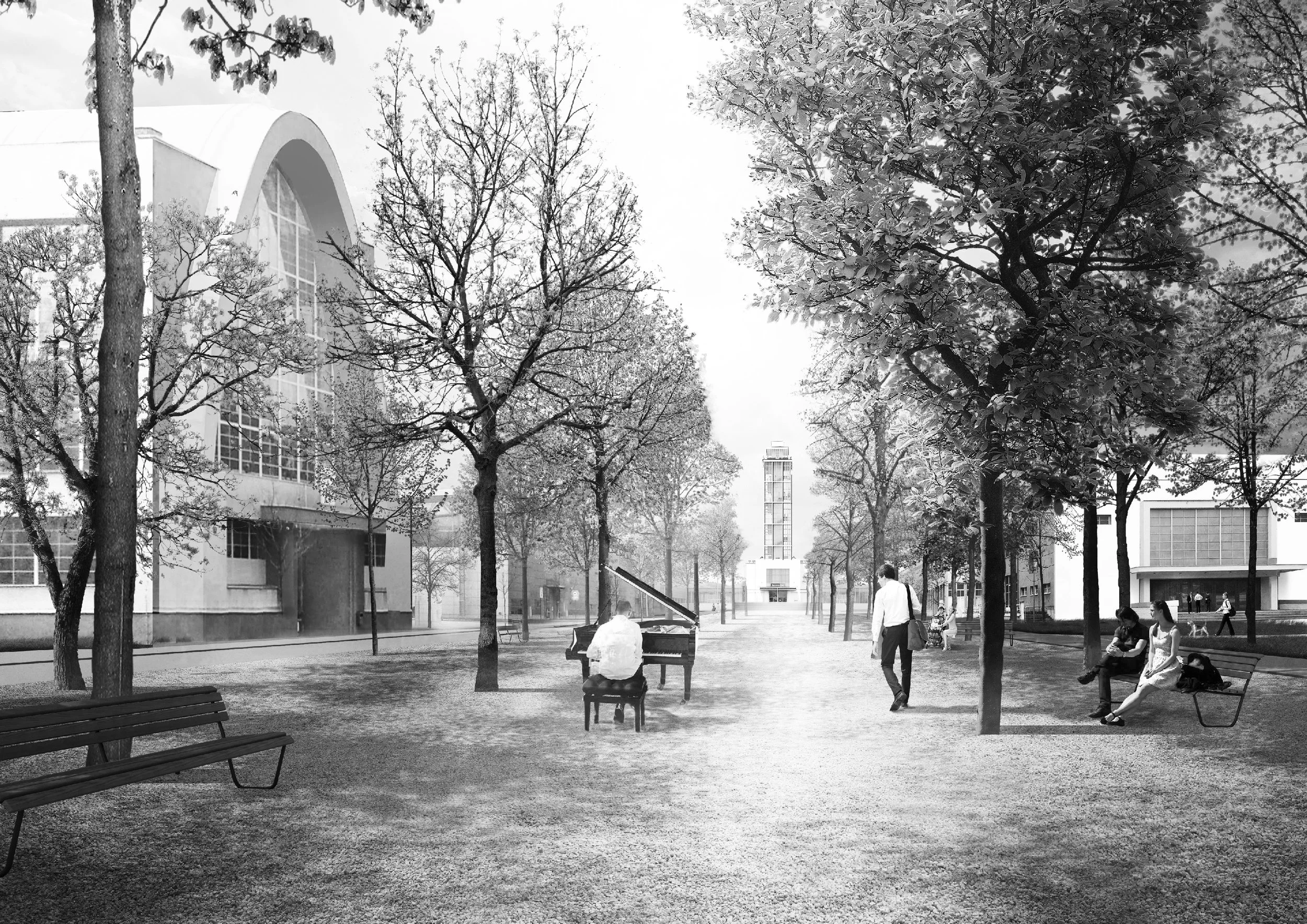 The aim is to create a compact linear park for recreation and relaxation, which goes towards the historic tower and the newly designed main entrance on the north historical axis. This park contains a trail for pedestrians, runners, cyclists and athletes on inline skating.