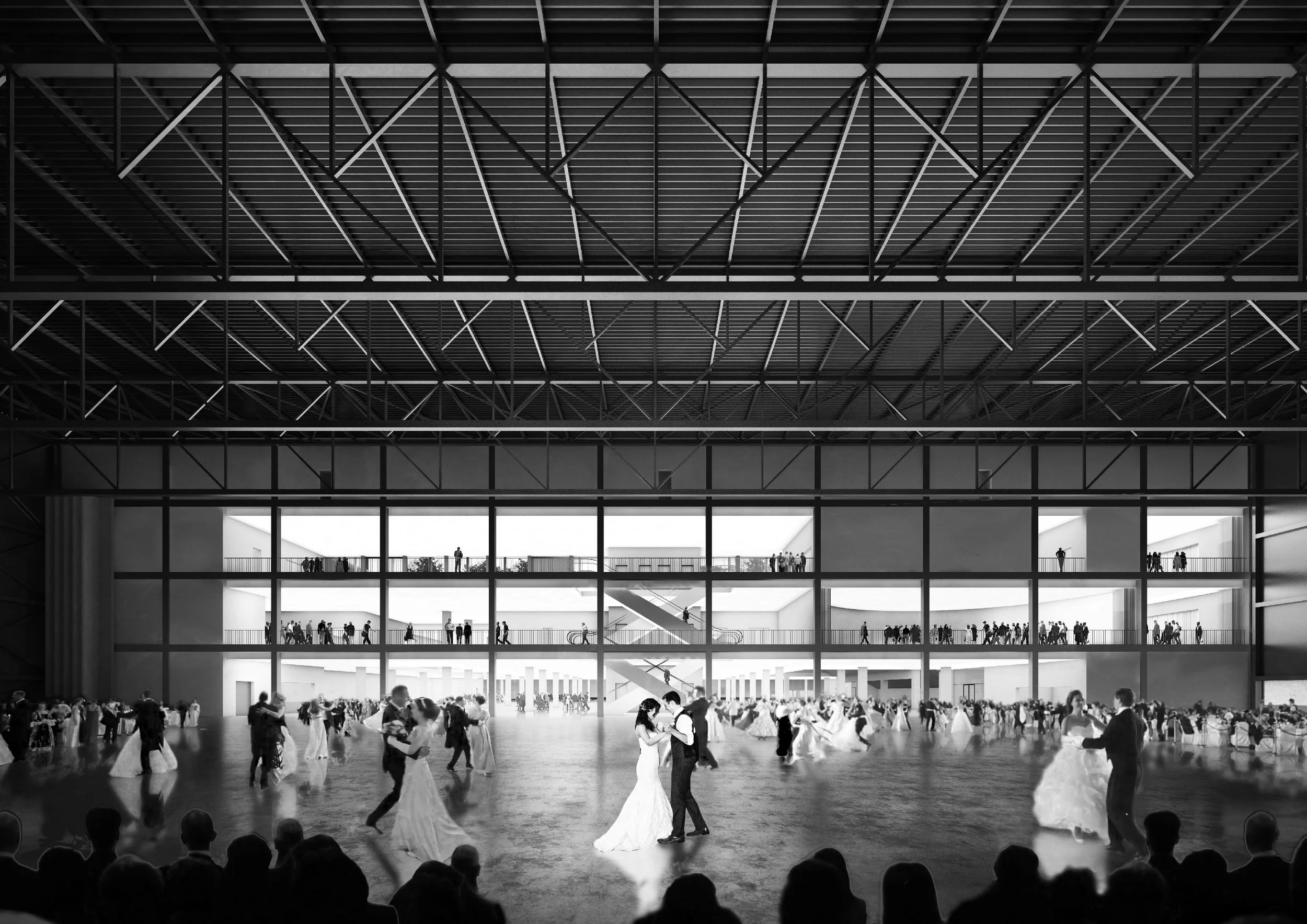 Entrance edifice with galleries is also an exhibition element in extensive exhibition hall. Pavilion is flexible and can be use also for balls and for another events with specific program.