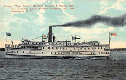 The "Three Rivers" was one of many bay steamers that crisscrossed the Chesapeake Bay in the 1920s. It was named for the Potomac, Patuxent and Rappahannock Rivers, where it was frequently at work. On July 4, 1924, five adults and five Baltimore boys who played in the Baltimore Sun Newsboys Band perished during an onboard fire. 