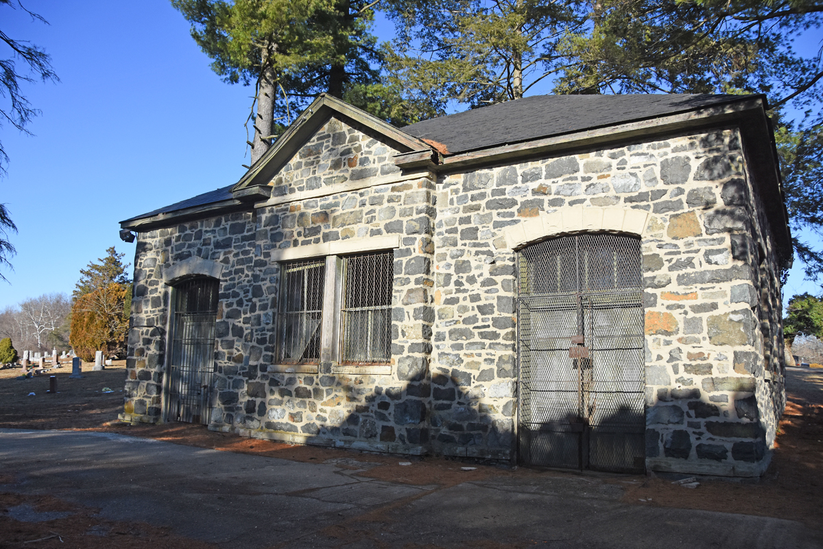 Woodlawn Cemetery still uses the only remaining building from the Powhatan Manufacturing Company as a storage shed.