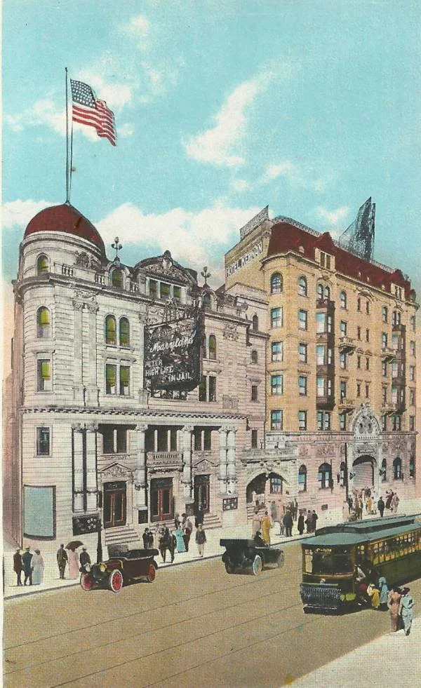 Maryland Theater (foreground), which was located next to the Hotel Kernan (later the Congress Hotel). Location was in the 300 block of W. Franklin Street. The iconic Marble Bar once occupied the lower level of the Congress Hotel.