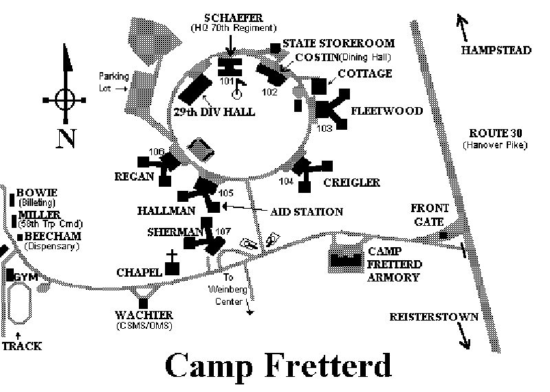 This map shows the location of Sherman Hall on the grounds of Camp Fretterd near Reisterstown, Maryland. It is currently the site of Camp Fretterd Readiness Center, which oversees emergency operations for the State of Maryland.