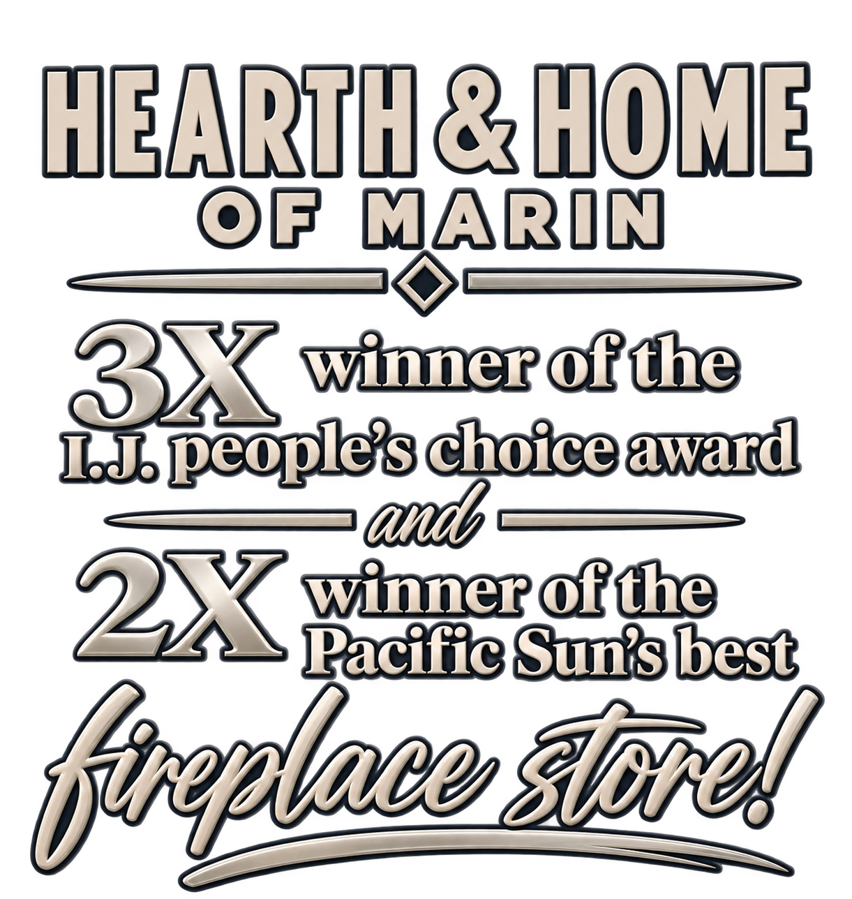 Text graphic that reads 'Hearth & Home of Marin, 3X winner of the I.J. people's choice award and 2X winner of the Pacific Sun's best fireplace store!' in a stylized font with decorative lines.