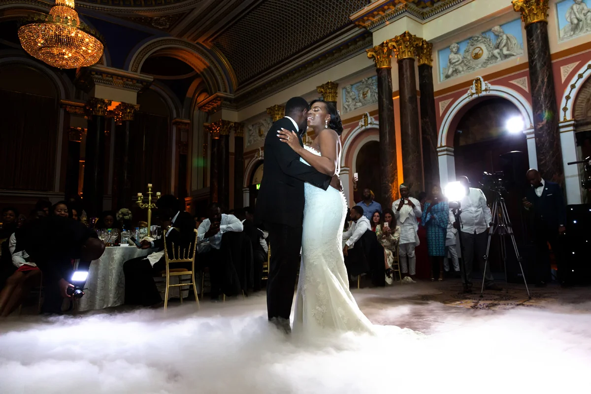 First dance for bride and groom with dry ice on floor at Gibson Hall, London