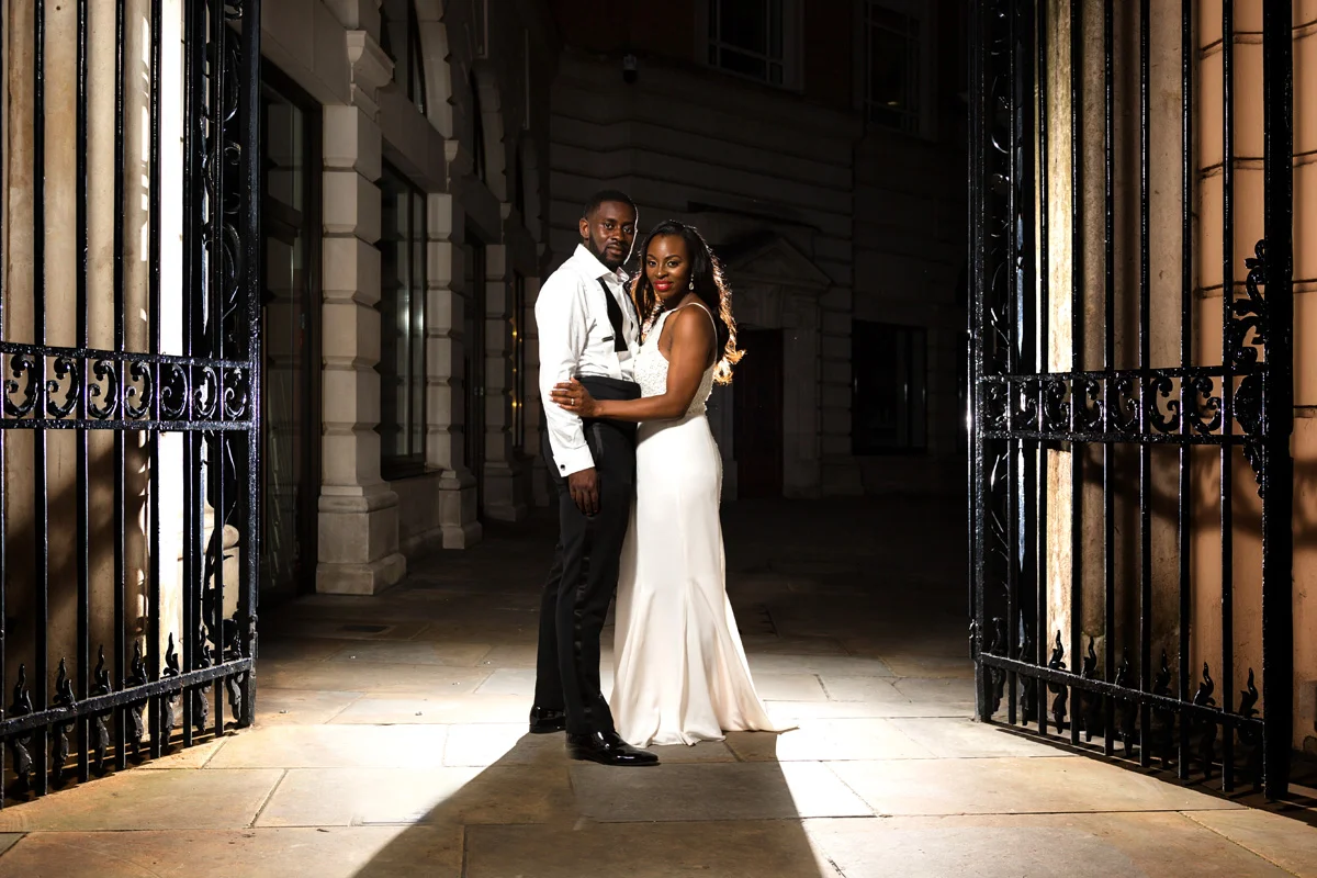 Bride and groom portrait using two lights at their London wedding