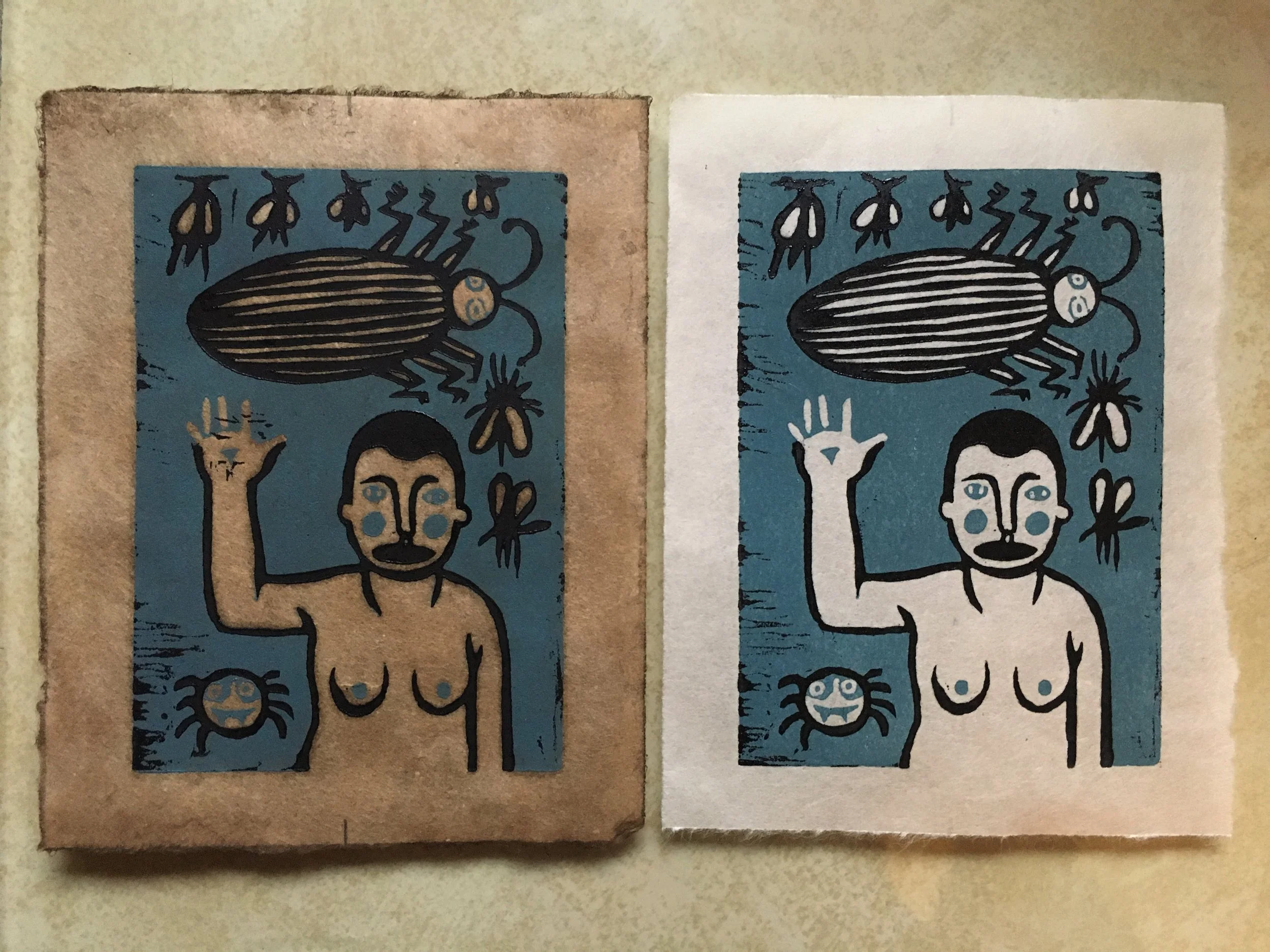 'bug out'- reduction woodcut - 2017