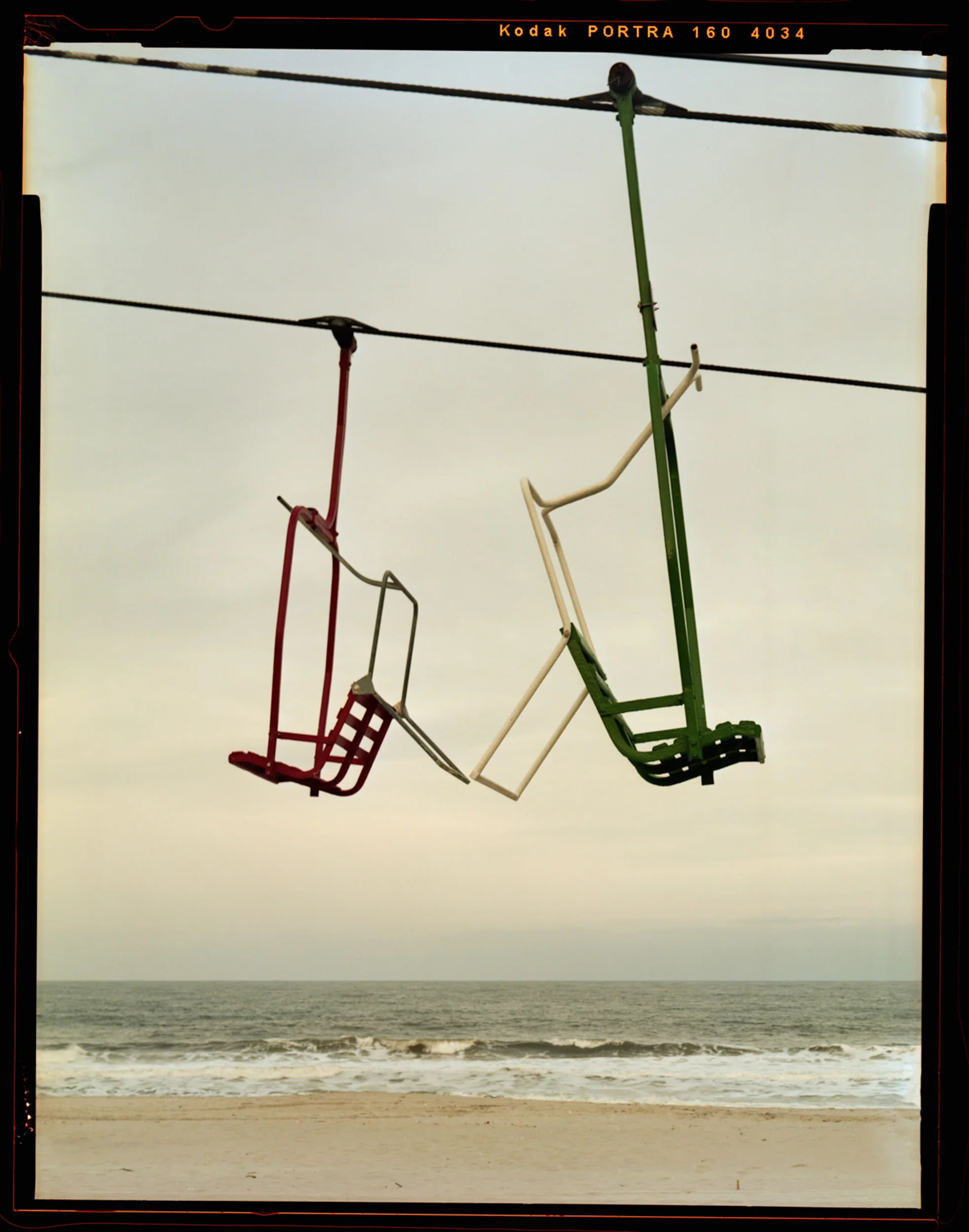 Chairs, Seaside, NJ. 2014. 4x5 Shen-Hao, This is part of the SkyRide. Which is a chair lift that takes you from Casino that takes you from Casino Pier to the northern part of the boardwalk- a fun lift for those who do not want to walk. It spans about .3 miles from end to end.