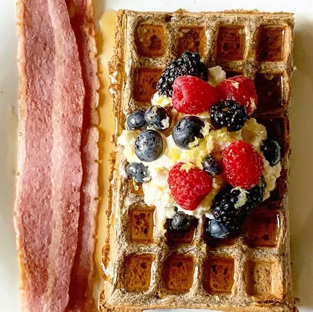 Turkey bacon isn&rsquo;t the same as the real thing but it&rsquo;ll do in a pinch and/or a pandemic. 
I had some marscapone and berries left from the tart I made a few days ago so I whipped it up into a topping for this waffle that I made with buckwh