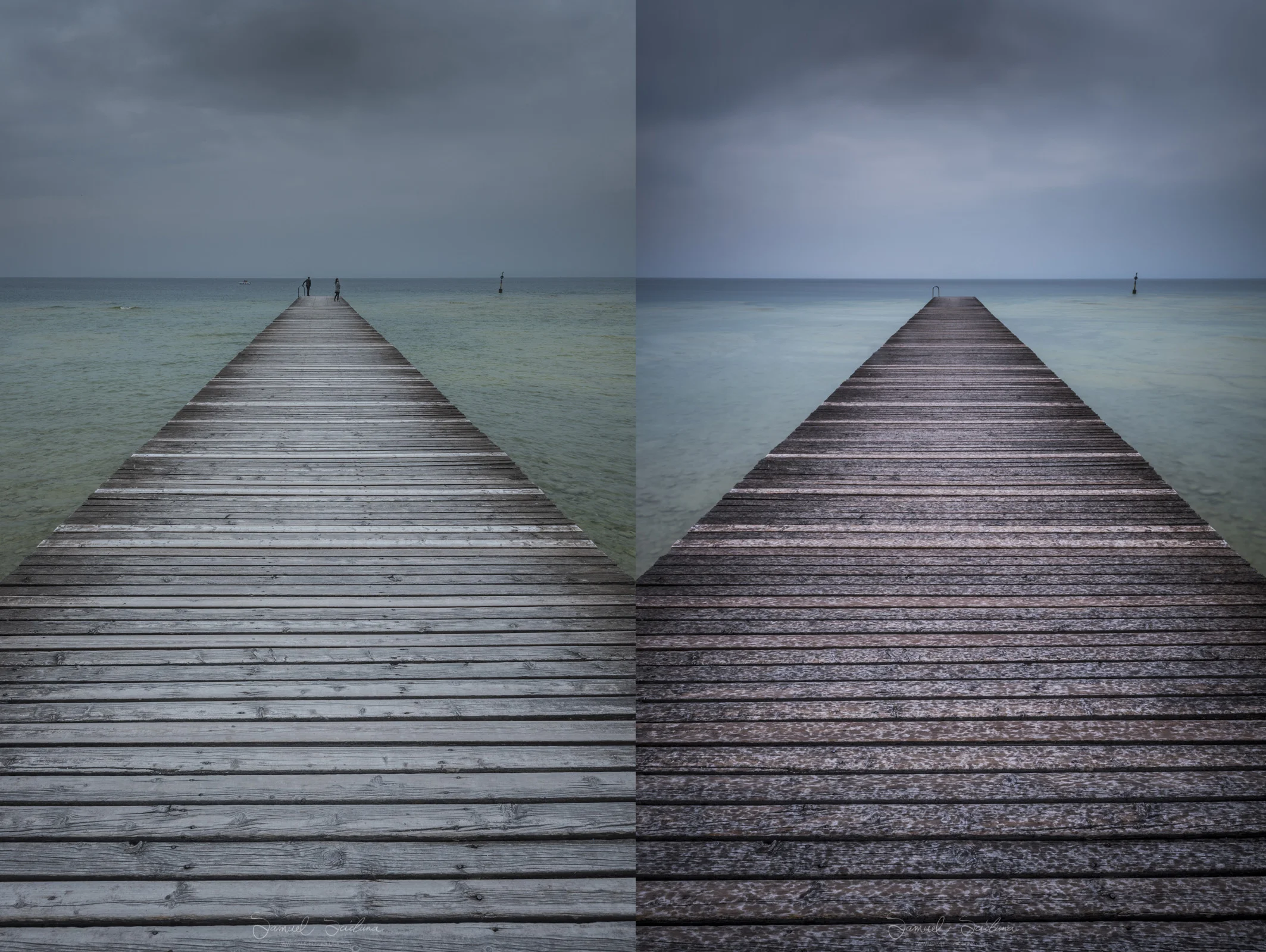 2 shots of a pier in Lago di Garda; The image on the left was shot at 1/15 second, ISO64 at F16. The image on the right is a long exposure shot using a Haida 10 stop neutral density filter. The exposure details for this image is 120 seconds, ISO64 at F16