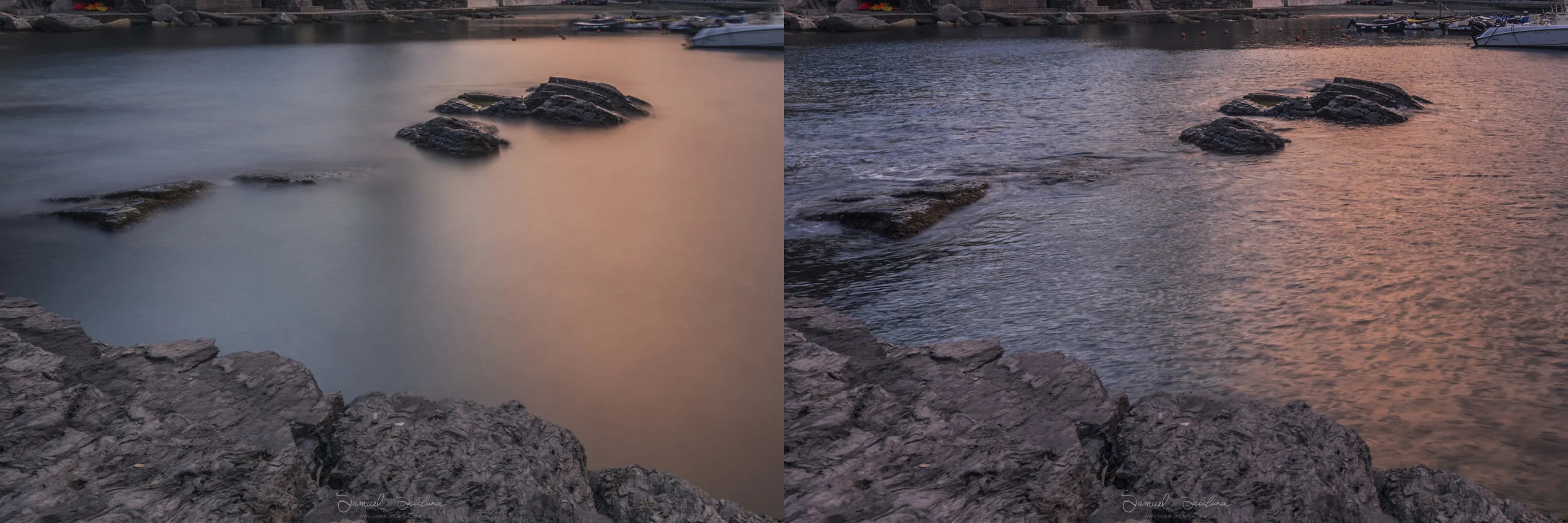 A closeup to show the difference between the photo using the 10 stop neutral density filter (Left) and without the 10 stop neutral density filter (Right).