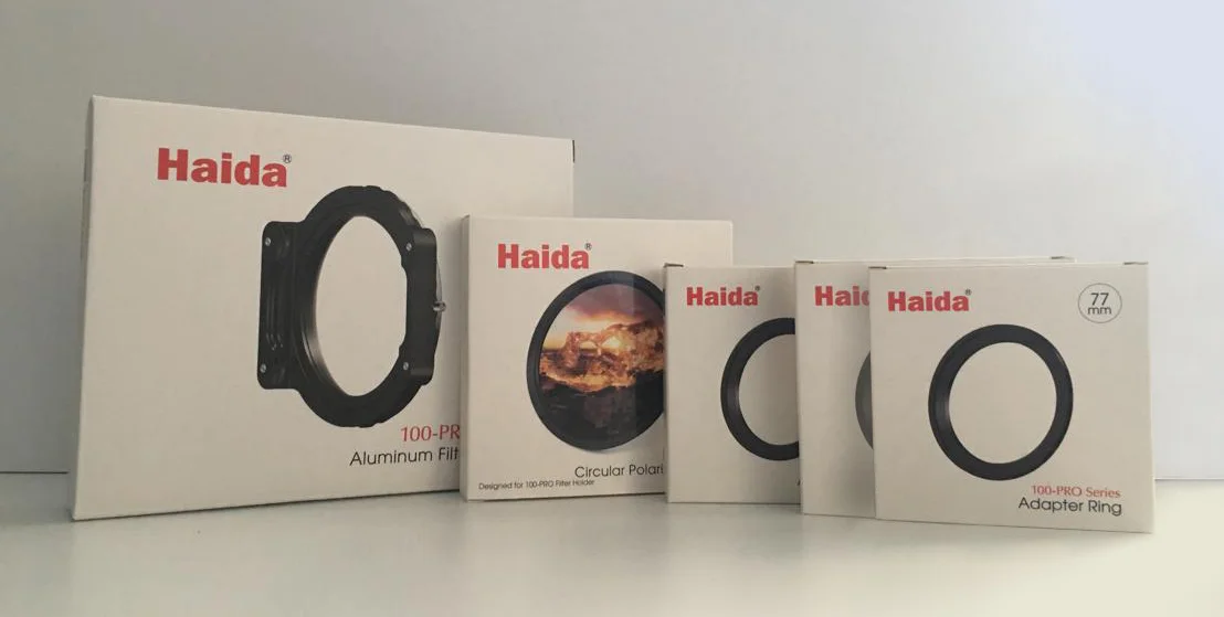 Haida 100-Pro Series Aluminium Filter Holder, Haida NanoPro Circular Polarizer Filter and the necessary adapter rings to fit my various lenses.