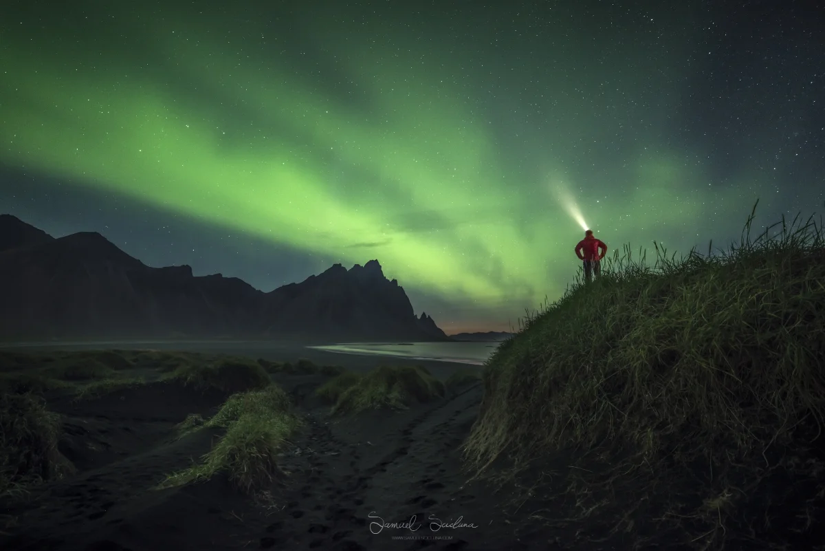 A Selfie with a huge Aurora display in Stokksness.