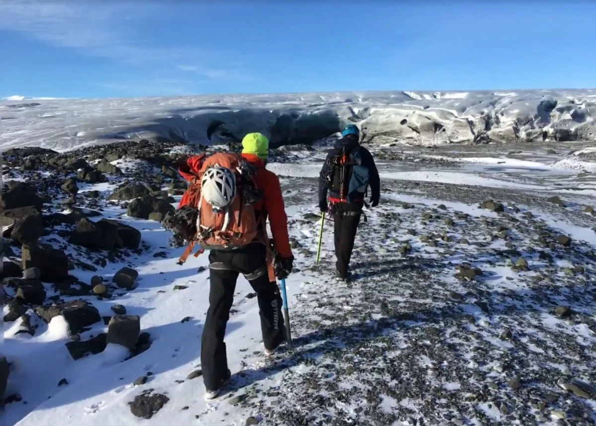 Hiking across the glacier to reach the Icecaves.
