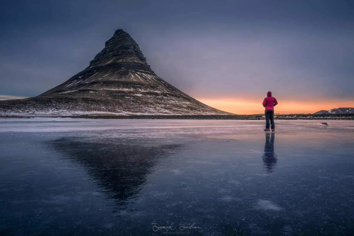 A selfie from the frozen lake near Kirkjufell at sunrise.
