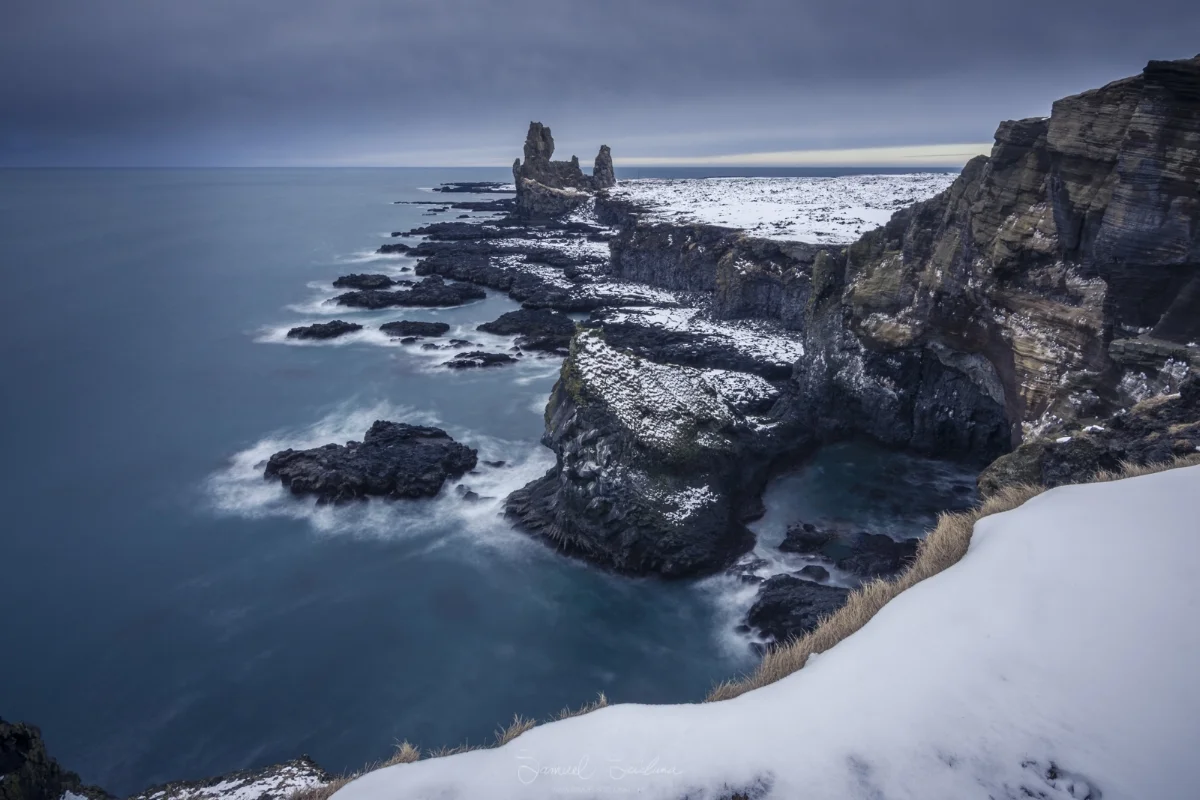 The epic Lóndrangar cliffs on the Snæfellsnes peninsula wearing their winter coat!