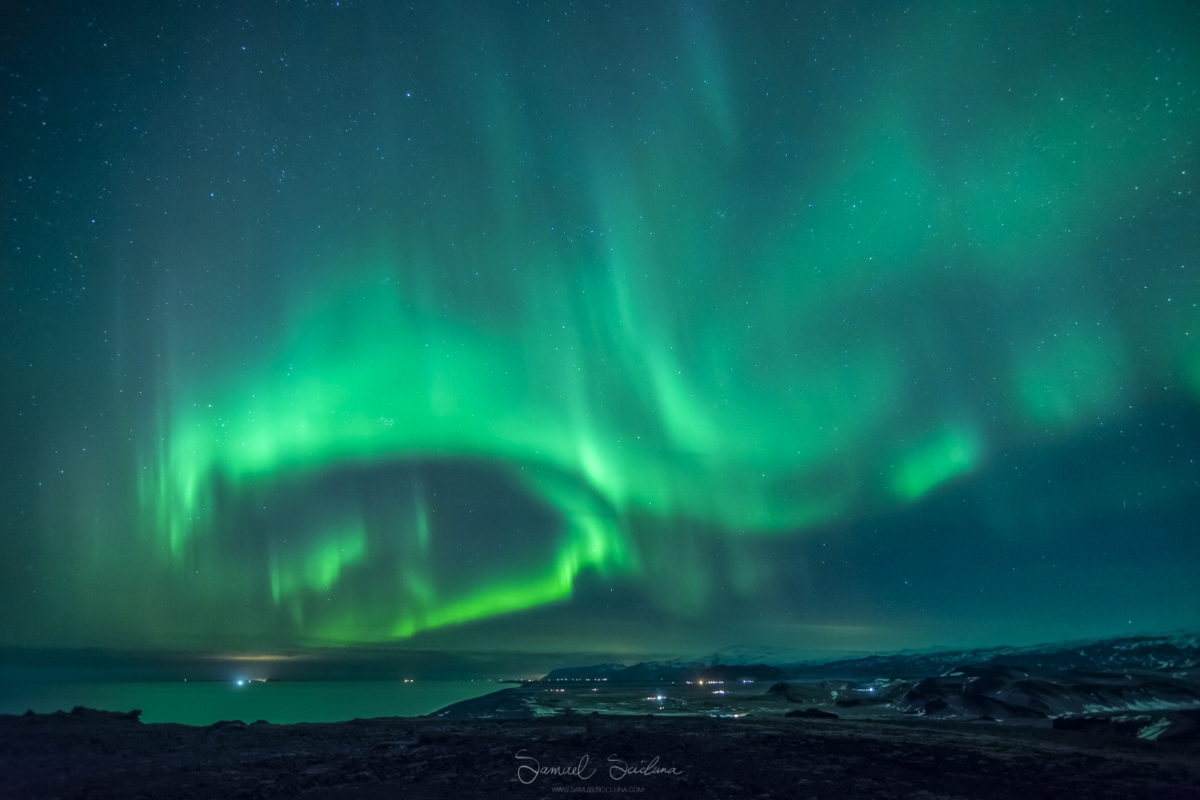The Northern Lights above the coast in the South of Iceland.
