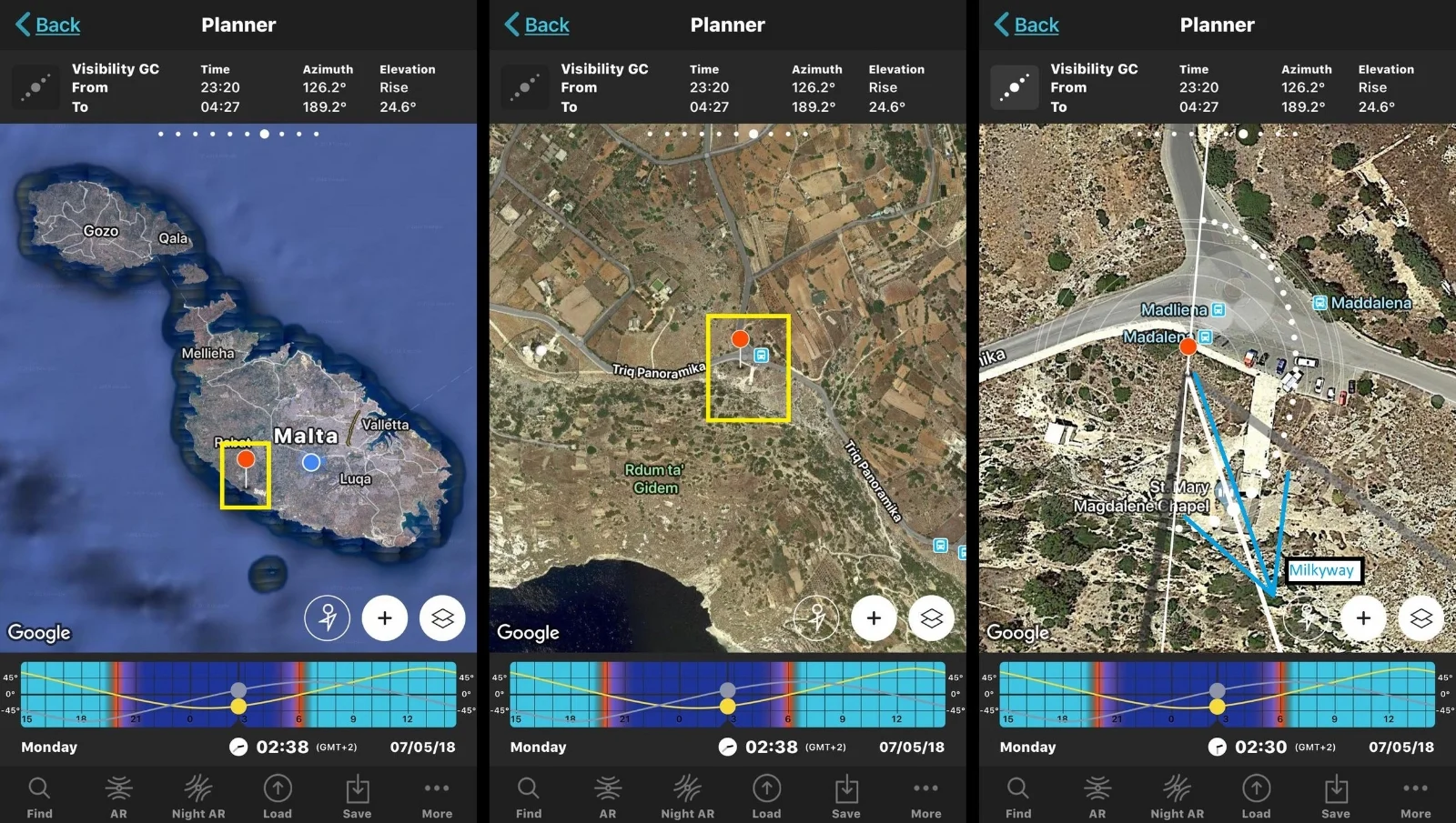 Left: I dropped the pin on the location I want to shoot. Centre: I then zoom in to see the exact location. Right: After choosing the date and time, Photopills shows you the exact location in the sky where you will find the Milkyway, including its Azimuth and Elevation.