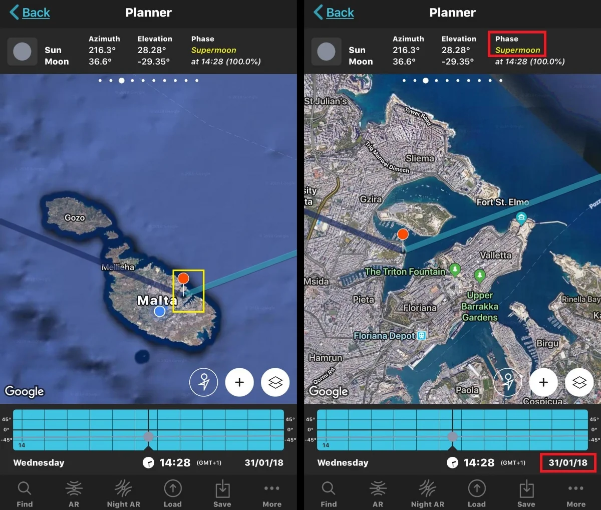 Left: The yellow box shows the location I chose for this shoot, which was Ta’ Xbiex, as I wanted to capture the moonrise with the Valletta skyline. Right: The date (31/01/2018 and phase of the moon are highlighted in red.