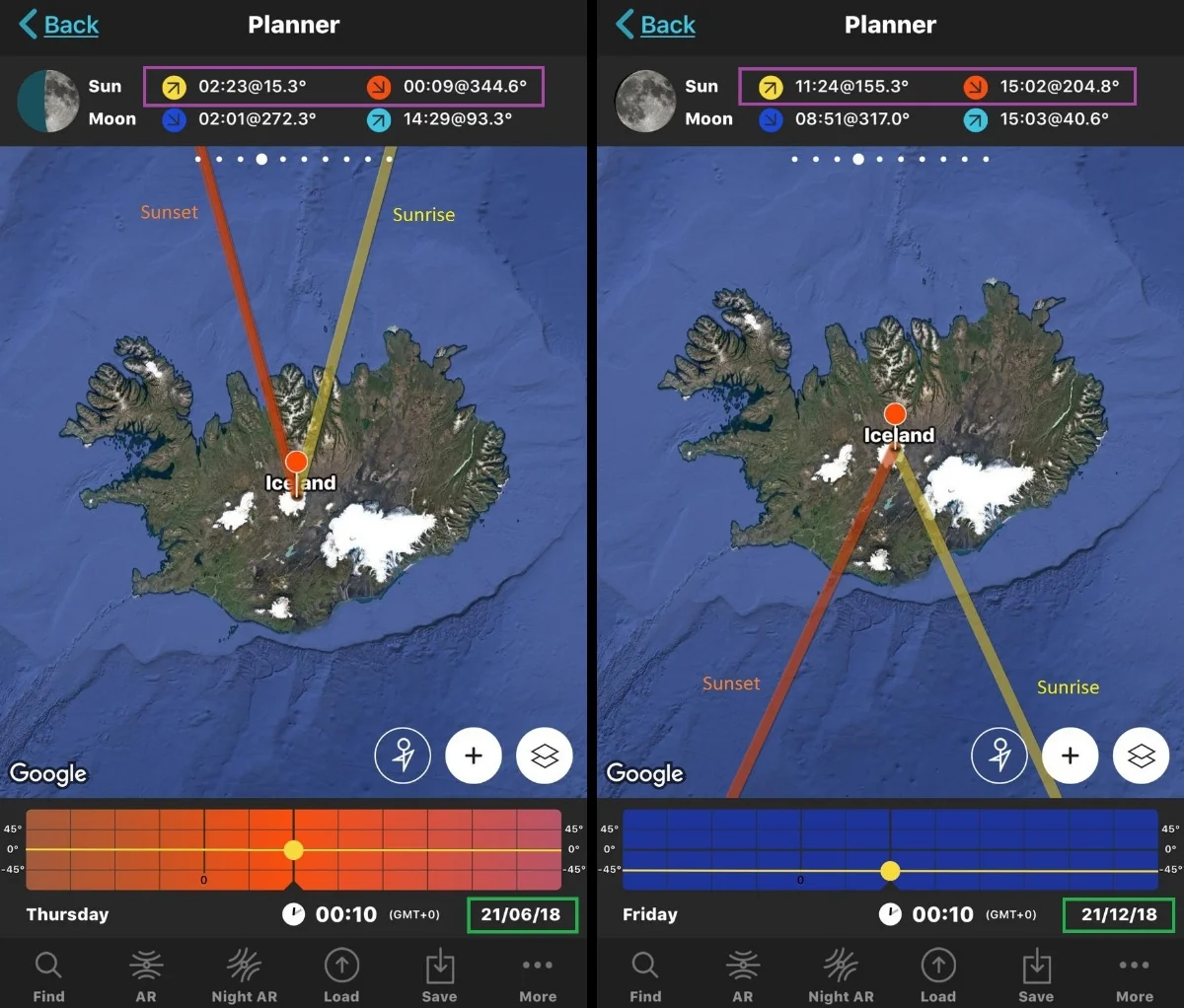 Screen grabs of the App ‘Photopills’ showing an example of variation in sunrise and sunset times and Azimuths at the two Equinoxes. Left: At the summer Equinox (21st June) sunrise is at 02:23AM and sunset is at 00:09AM - That’s a really long day! Right: At the winter Equinox, sunrise is at 11:24AM and sunset is at 3:02PM. That’s a really short day!