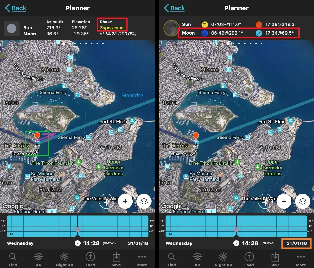 Left: The purple arrow shows my location and the direction I would be shooting. Right: You can see the moon rise time listed as 17:34.