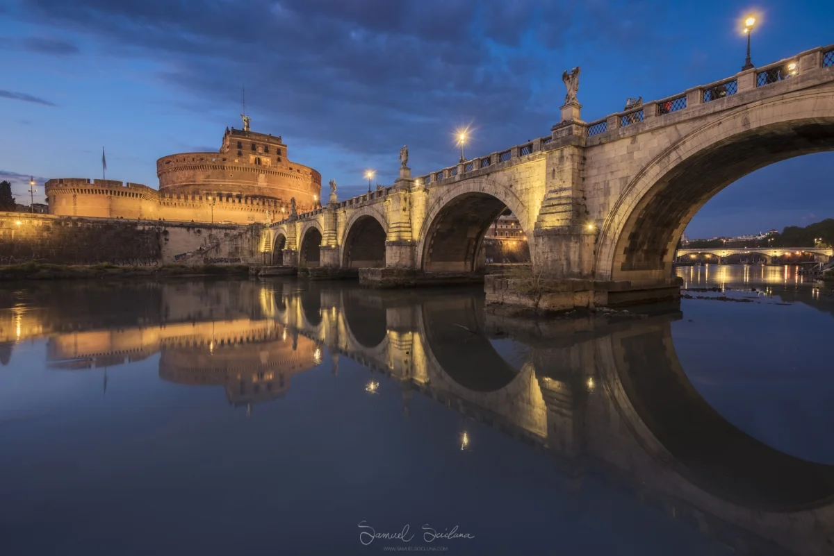 Ponte St Angelo and Castel St Angelo in the blue hour.