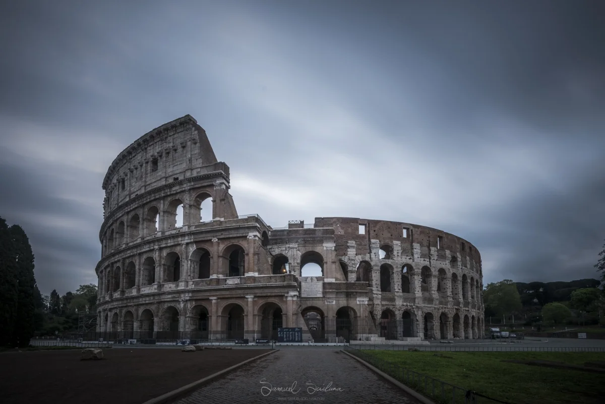 The Colosseum after sunrise, a long exposure was used to smooth out the clouds.