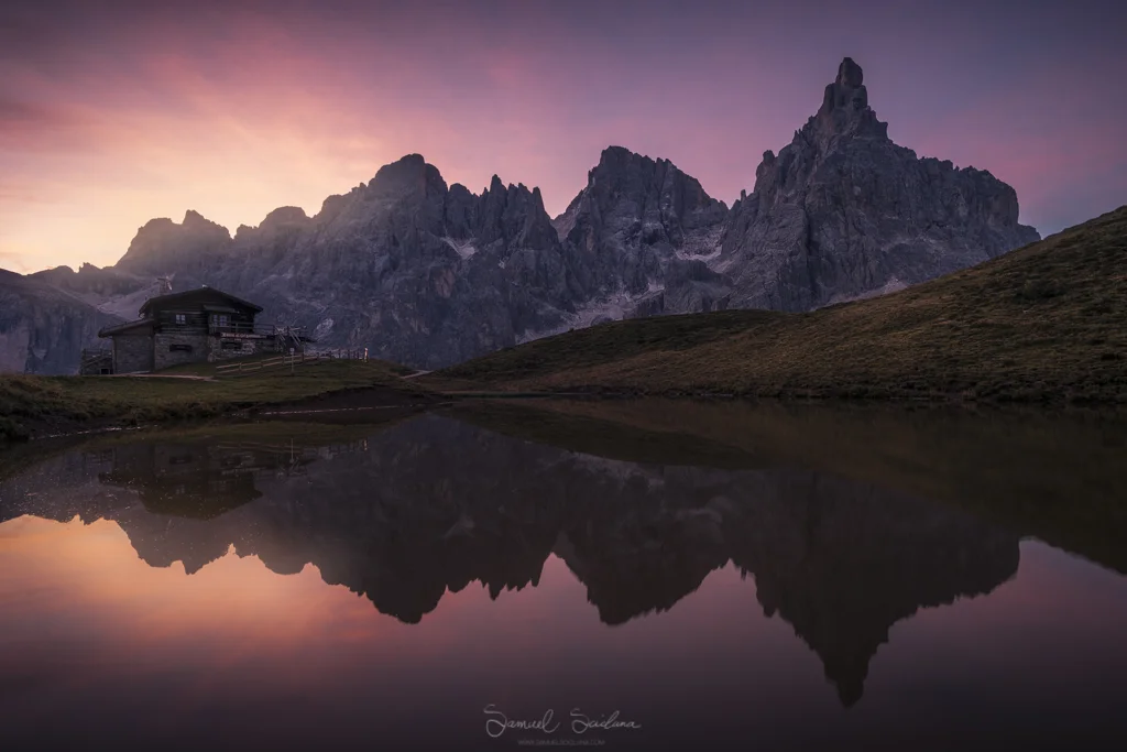 Explosive colors in the sky at Passo Rolle at Sunrise.