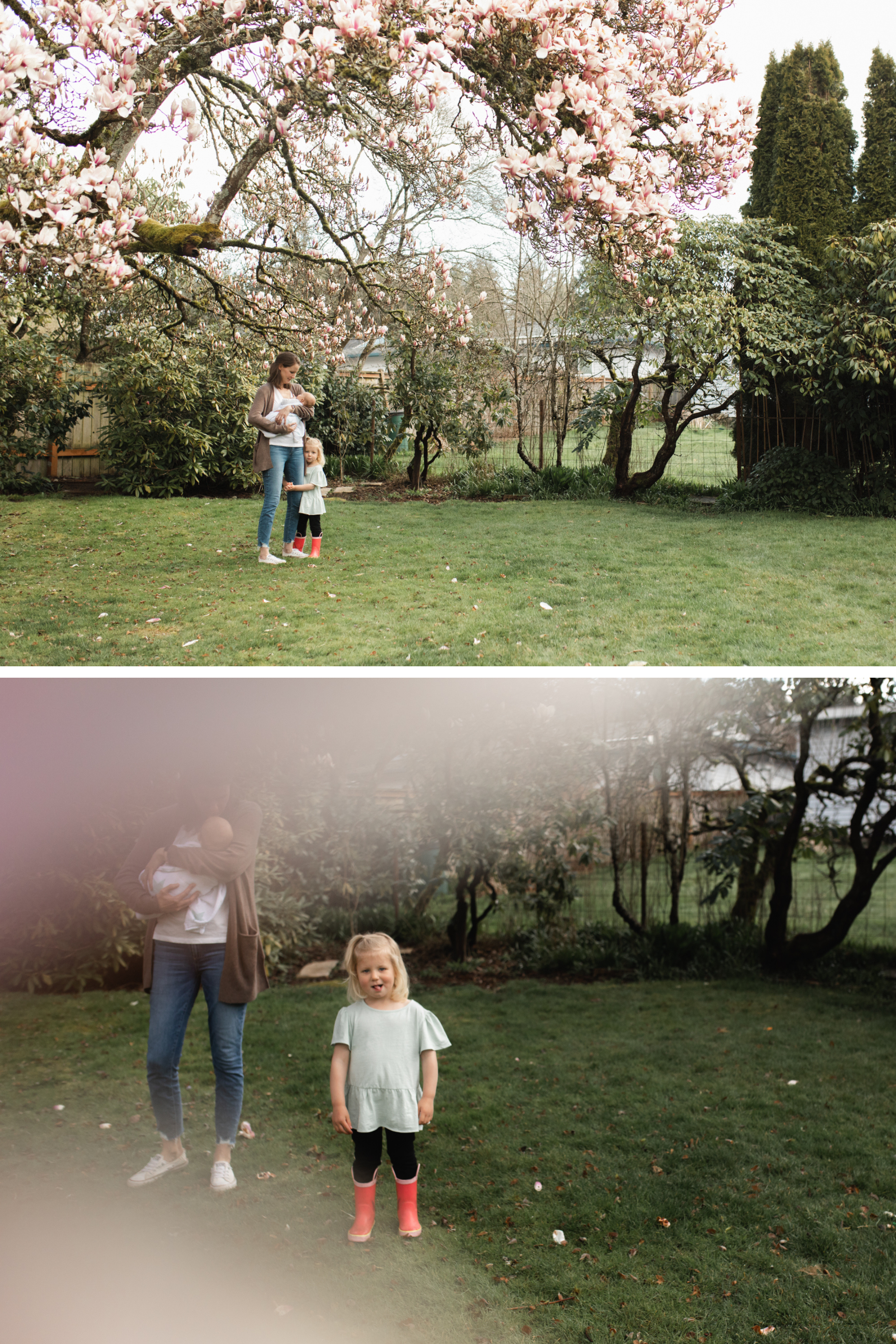 Photograph of  a mother, her toddler, and her newborn outside under a magnolia tree at home in Seattle