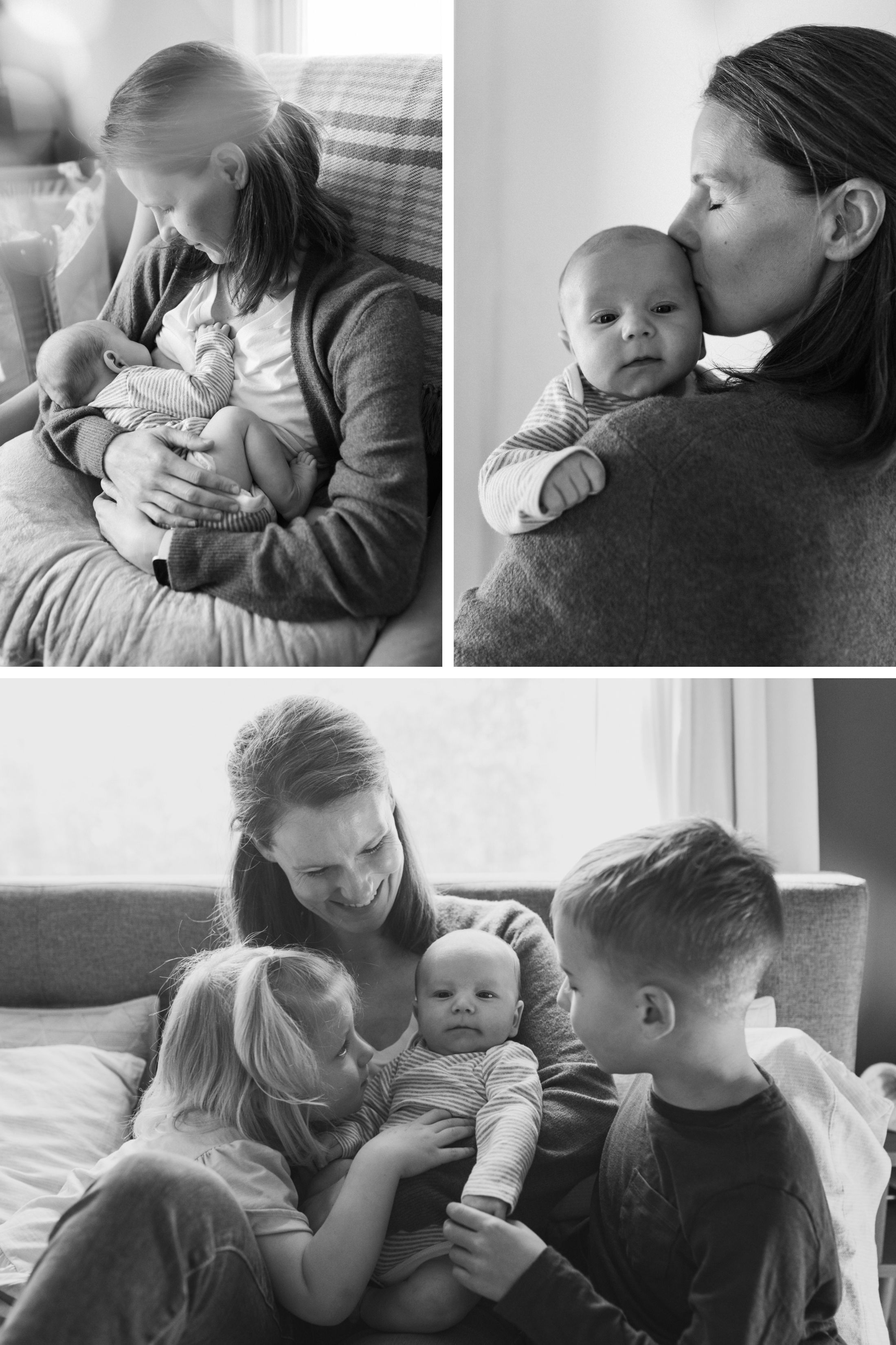 Black and white photos of a mother, her newborn, and her older children at home in Seattle
