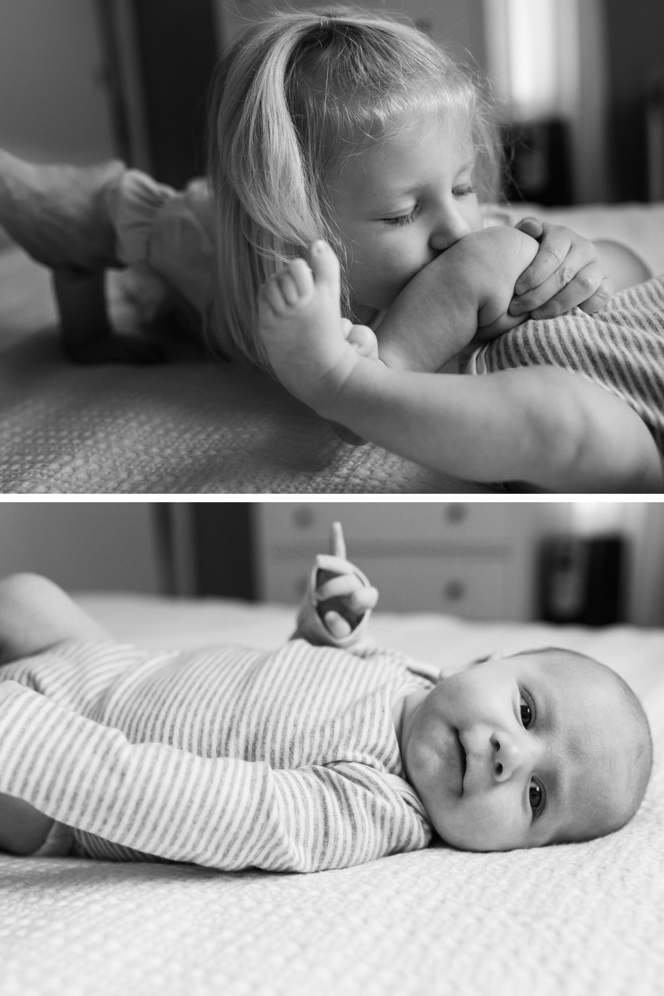 Black and white photos of a mother, her newborn, and her older children at home in Seattle