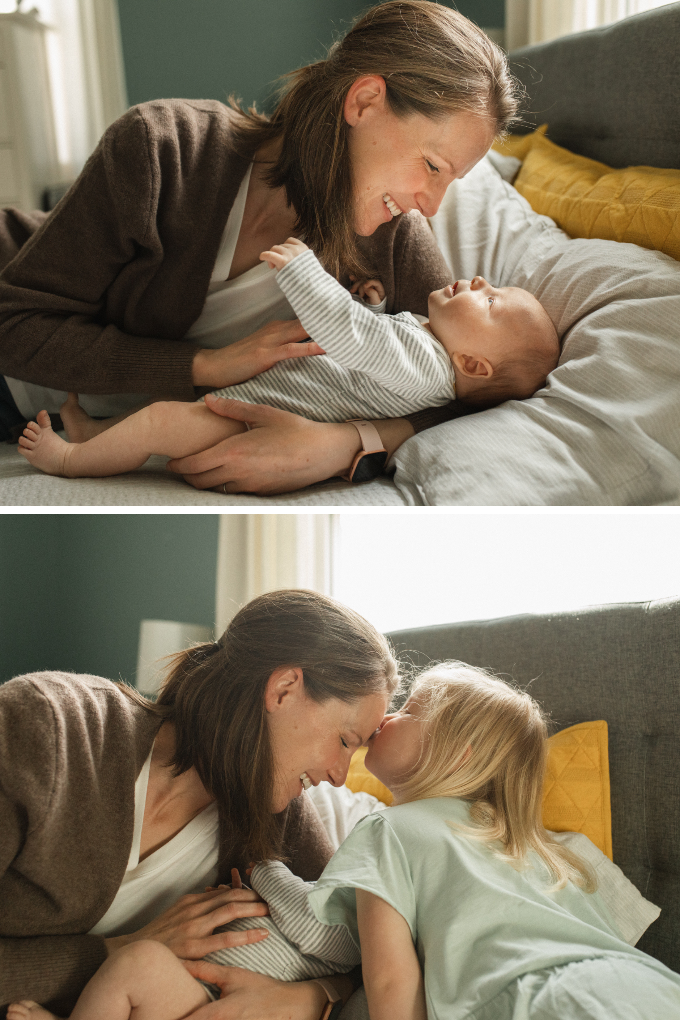 Photos at home in Seattle of a mother and her children with a newborn