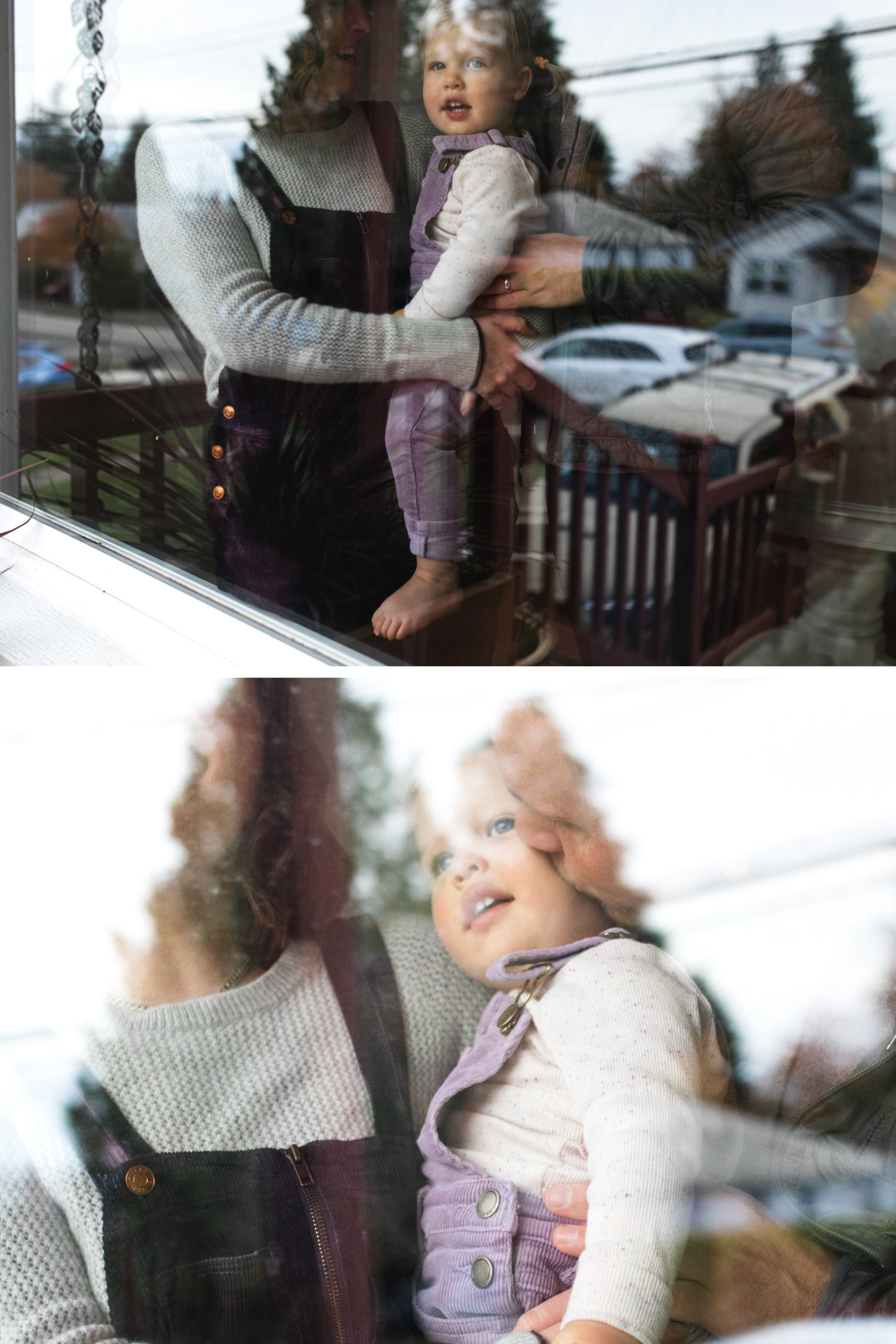 Photo of a mother and daughter through the window of their home in Seattle Wa by Chelsea Macor Photography