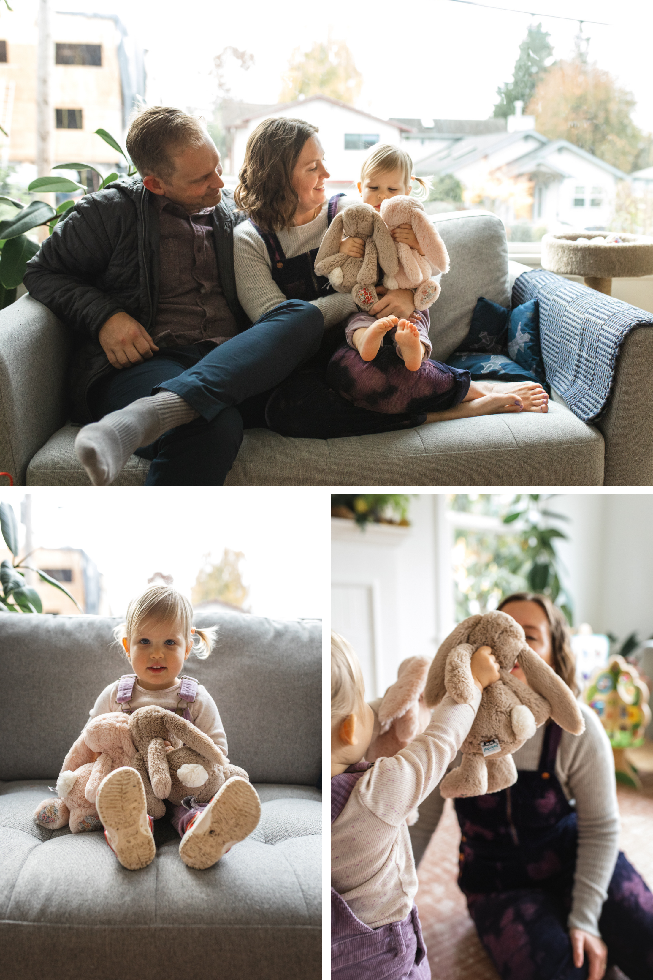 Photo of family of three at home in seattle playing on the sofa