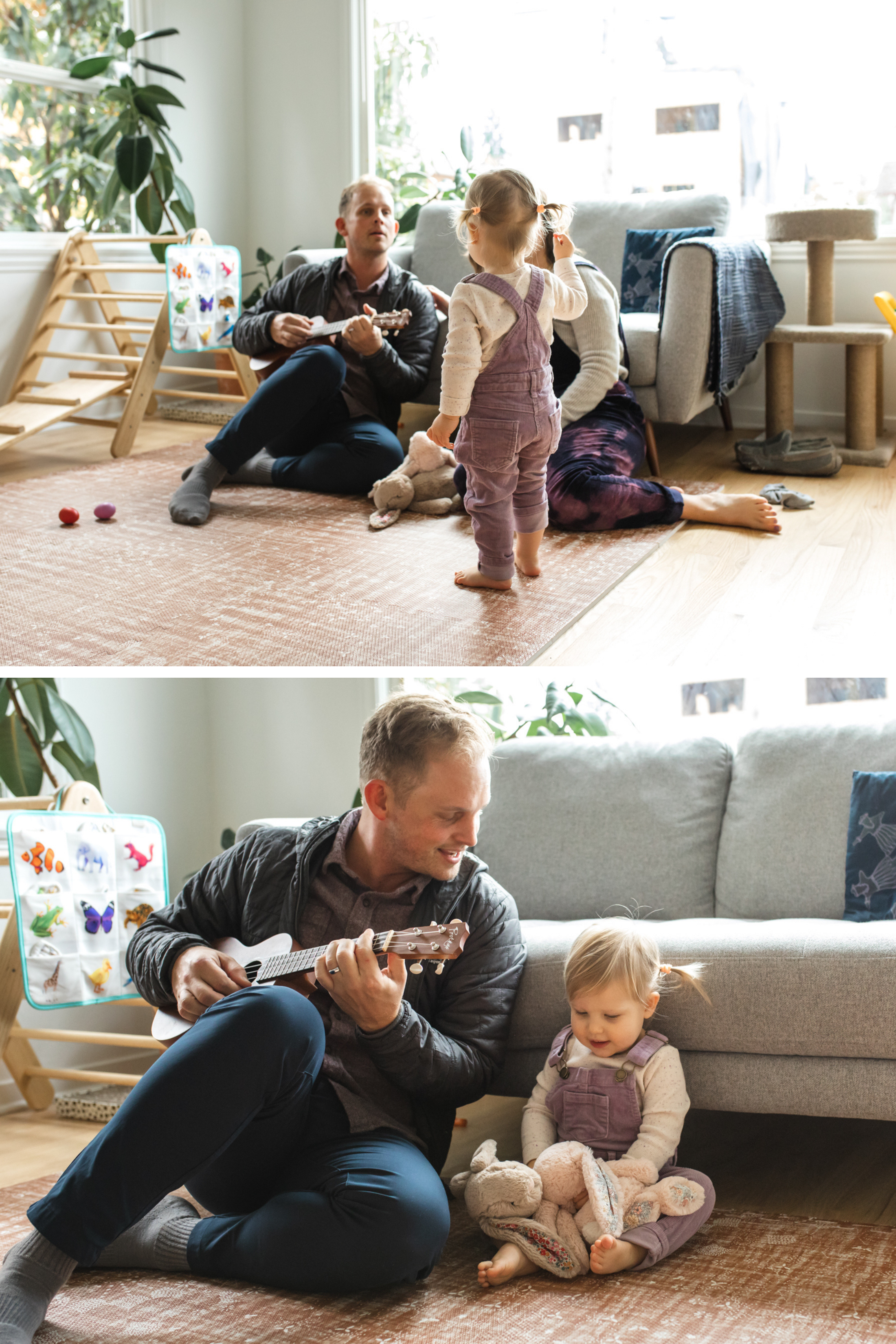 Photo of a father and toddler daughter playing at home in Seattle