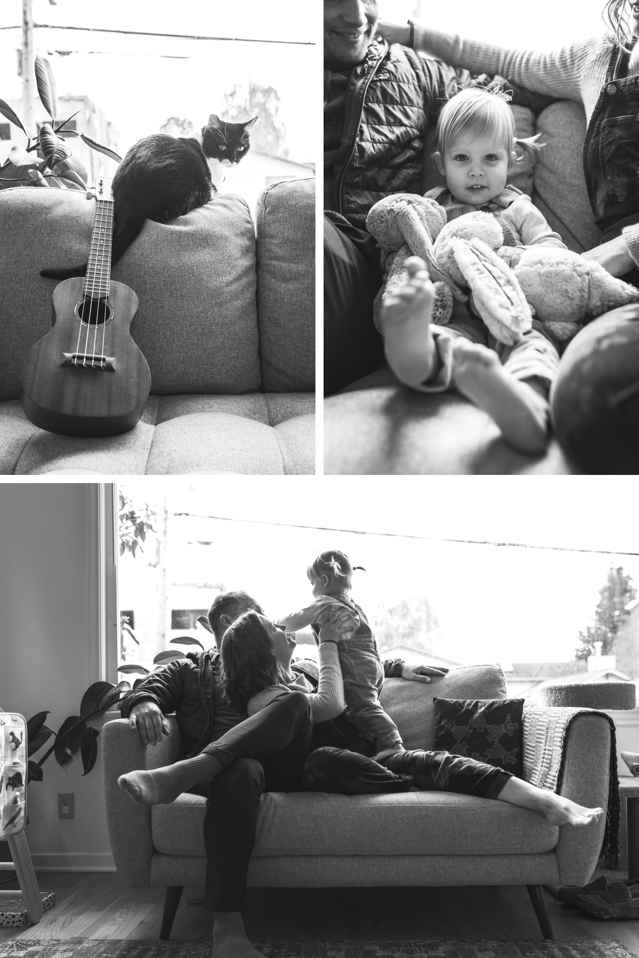 Black and white photography of seattle family at home with toddler 