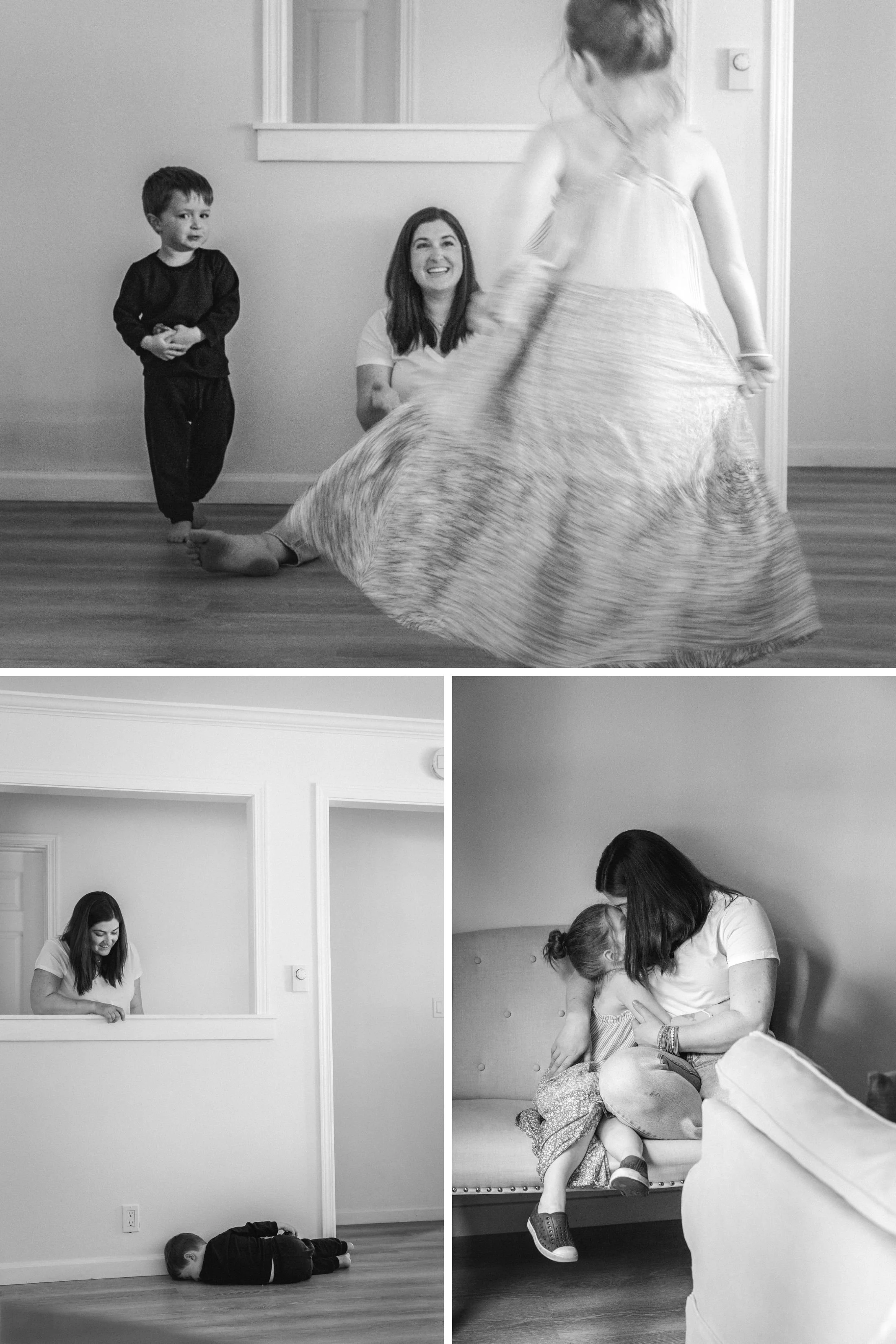 photograph of mother and her three and five year old playing and cuddling at home in seattle