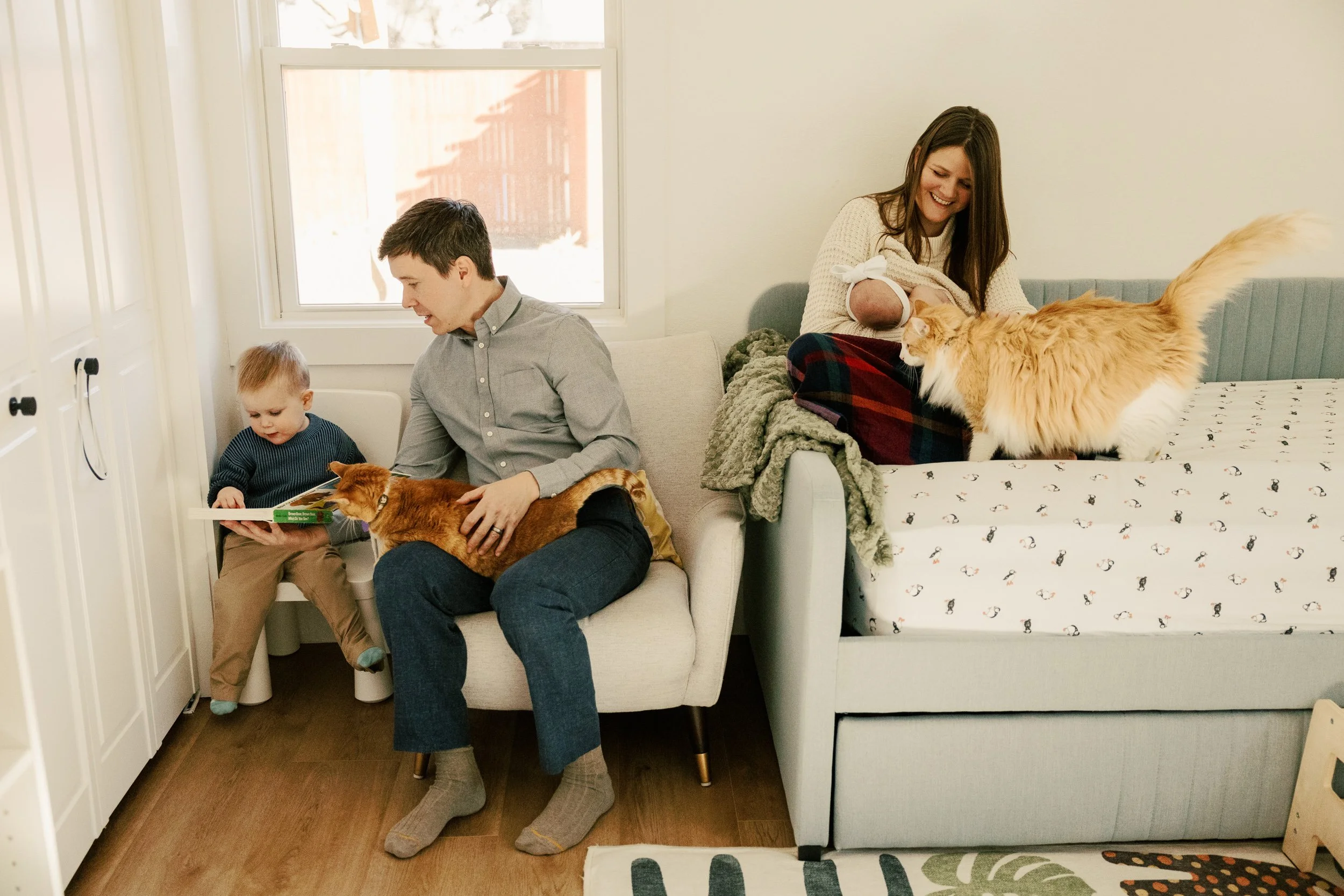 Family of four with toddler sibling and newborn baby