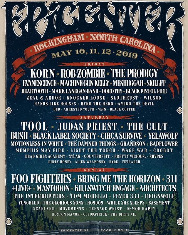 North Carolina. We will see you at Day 1 of @epicenterfest w/ @korn_official @robzombieofficial @theprodigyofficial and many more. TICKETS ON SALE NOW Huge love to @dannywimmerpresents @dannywimmer #StayDed