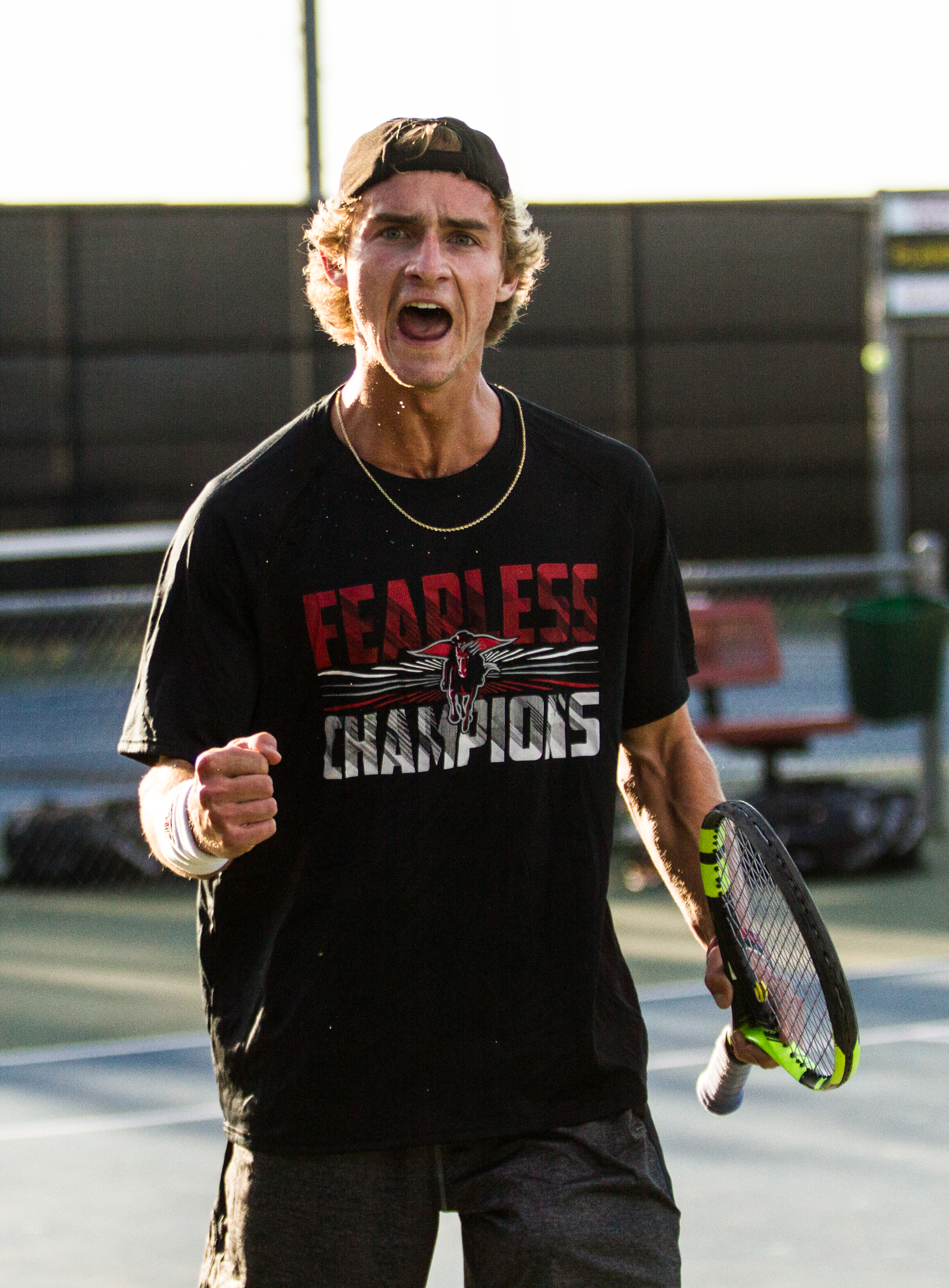  Junior Connor Curry celebrates a point won in the Red Raider's match against Baylor at the McLeod Tennis Center, April 22, 2017. 