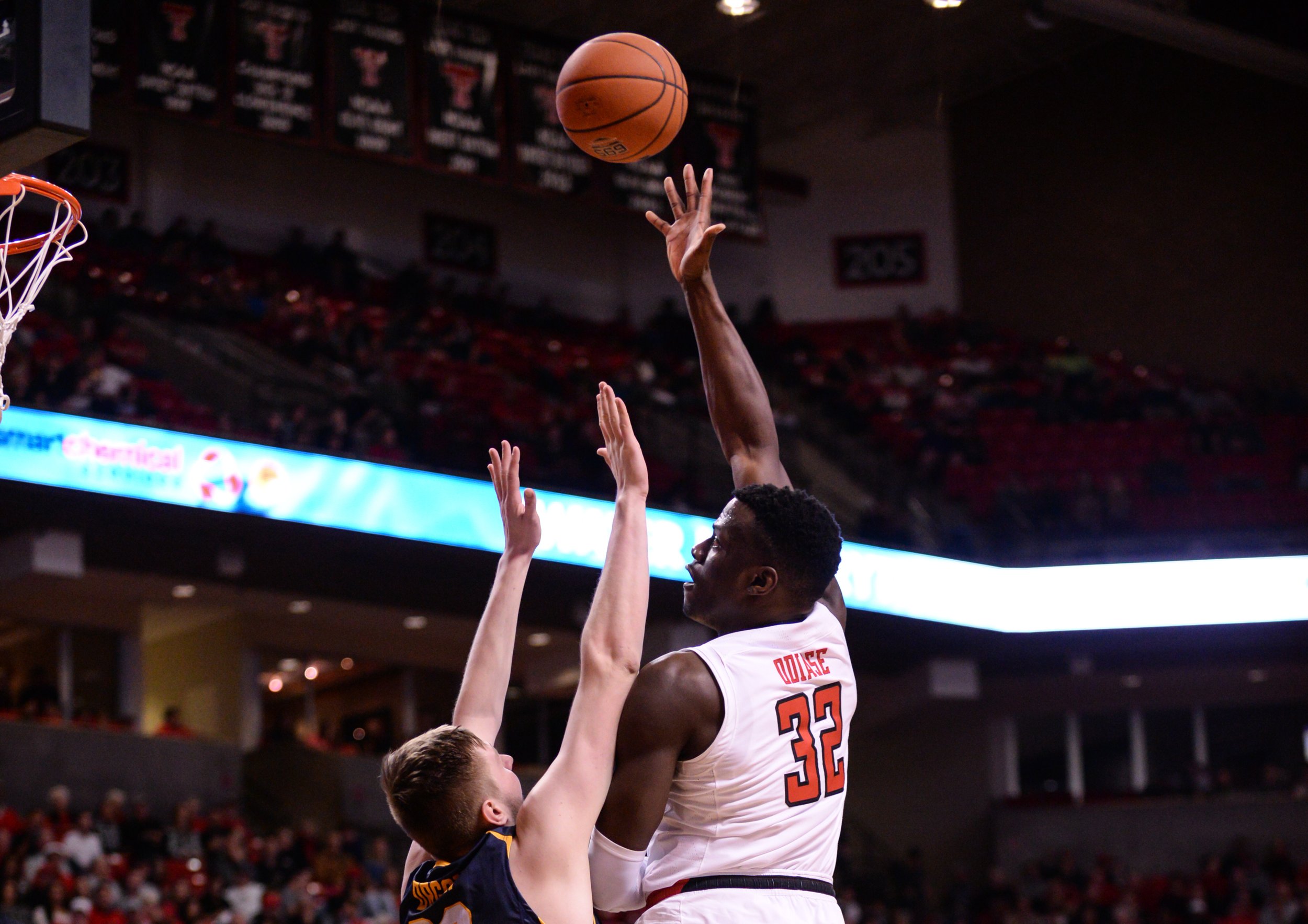  Texas Tech's Norense Odiase (32) overhands a shot during the game Saturday, Nov. 24, 2018 at United Supermarkets Arena in Lubbock, Texas. [Abbie Burnett/A-J Media] 
