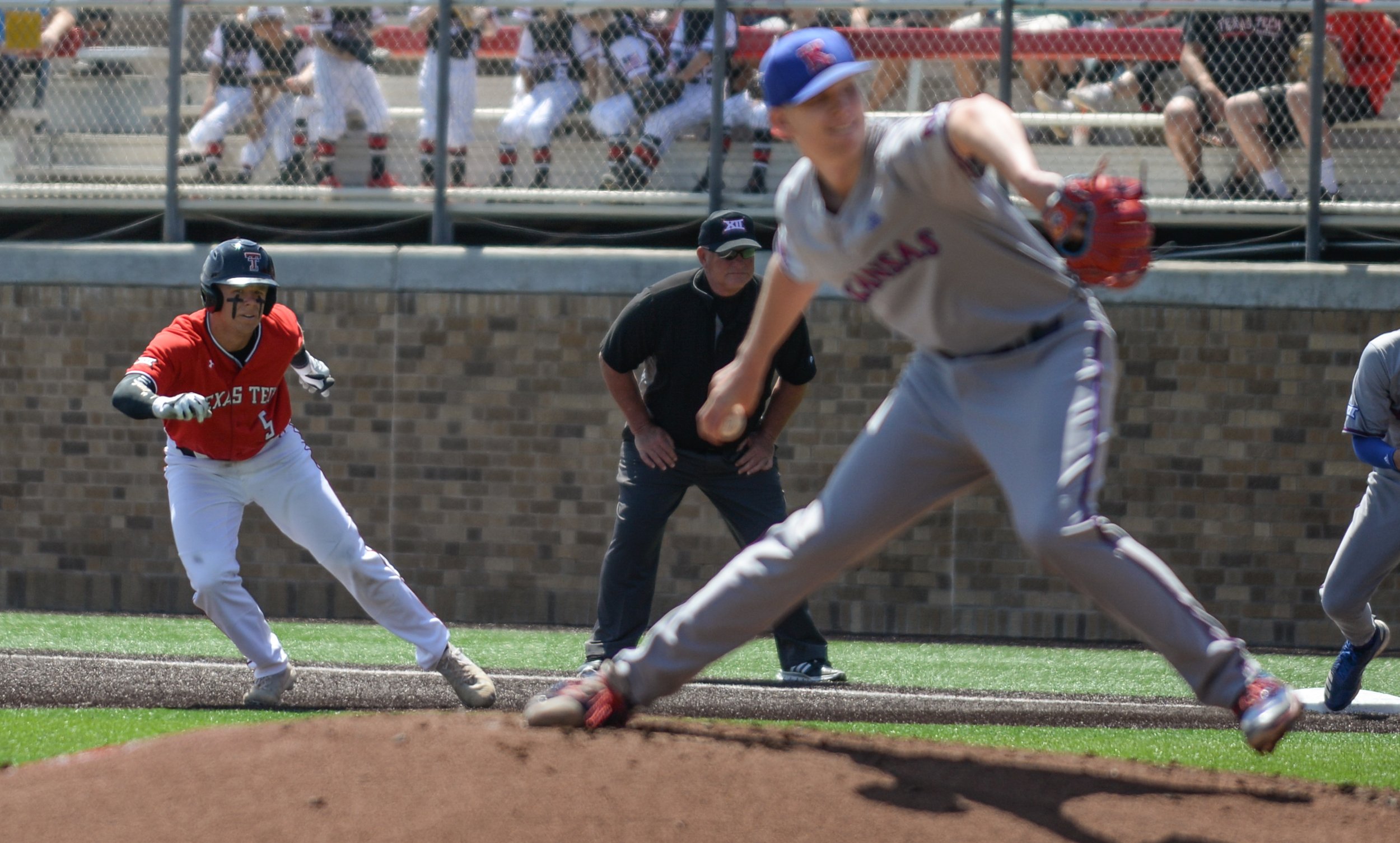  Texas Tech's Brian Klein (5) inches away from first base while Kansas pitches during the second of a three game series Saturday, April 6, 2019 at Dan Law Field in Lubbock, Texas. [Abbie Burnett/A-J Media] 