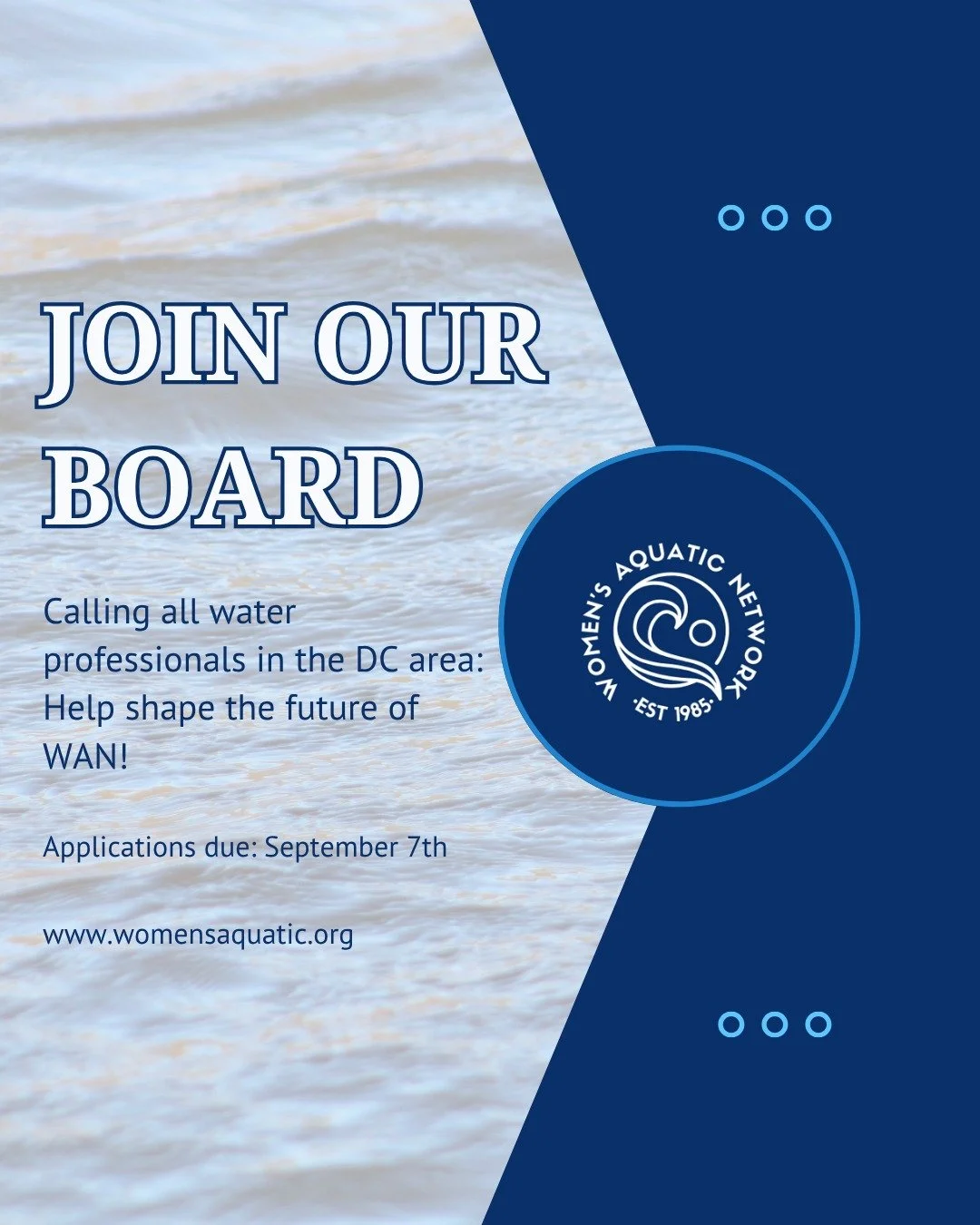 Calling all water professionals in the DMV area: the Women's Aquatic Network has open positions on our Executive Board! We are looking for enthusiastic and motivated individuals with interests in building a professional network dedicated to promoting