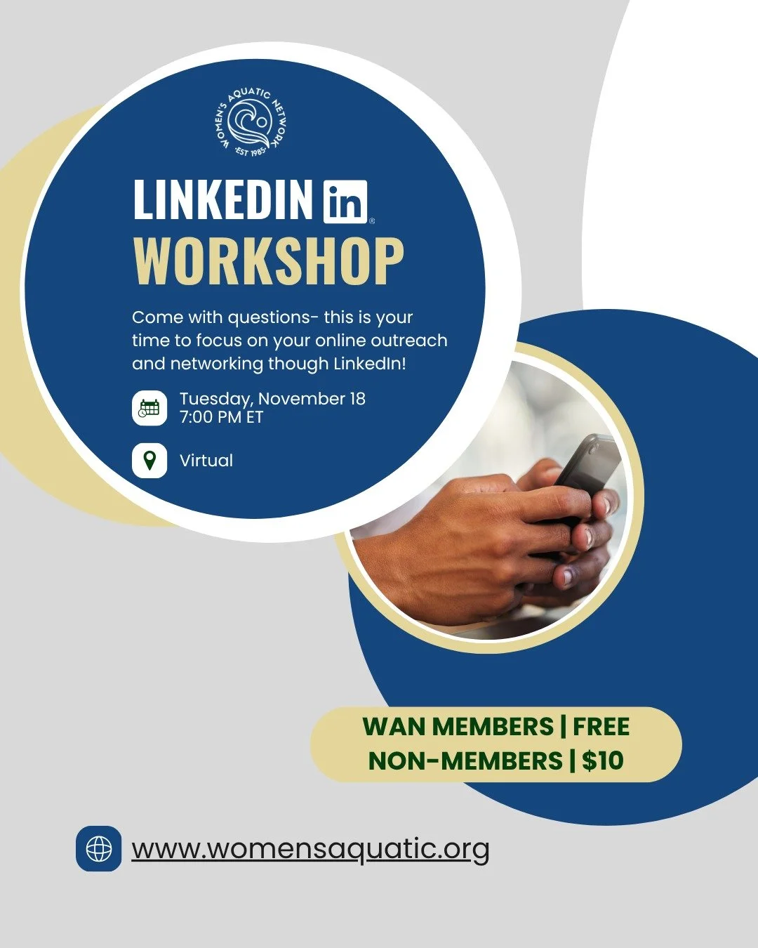 Join Executive Board member Michelle Levano for a virtual LinkedIn workshop. Come with questions - this is your time to focus on your online outreach and networking though LinkedIn!
Register: https://www.womensaquatic.org/events/novlinkedin