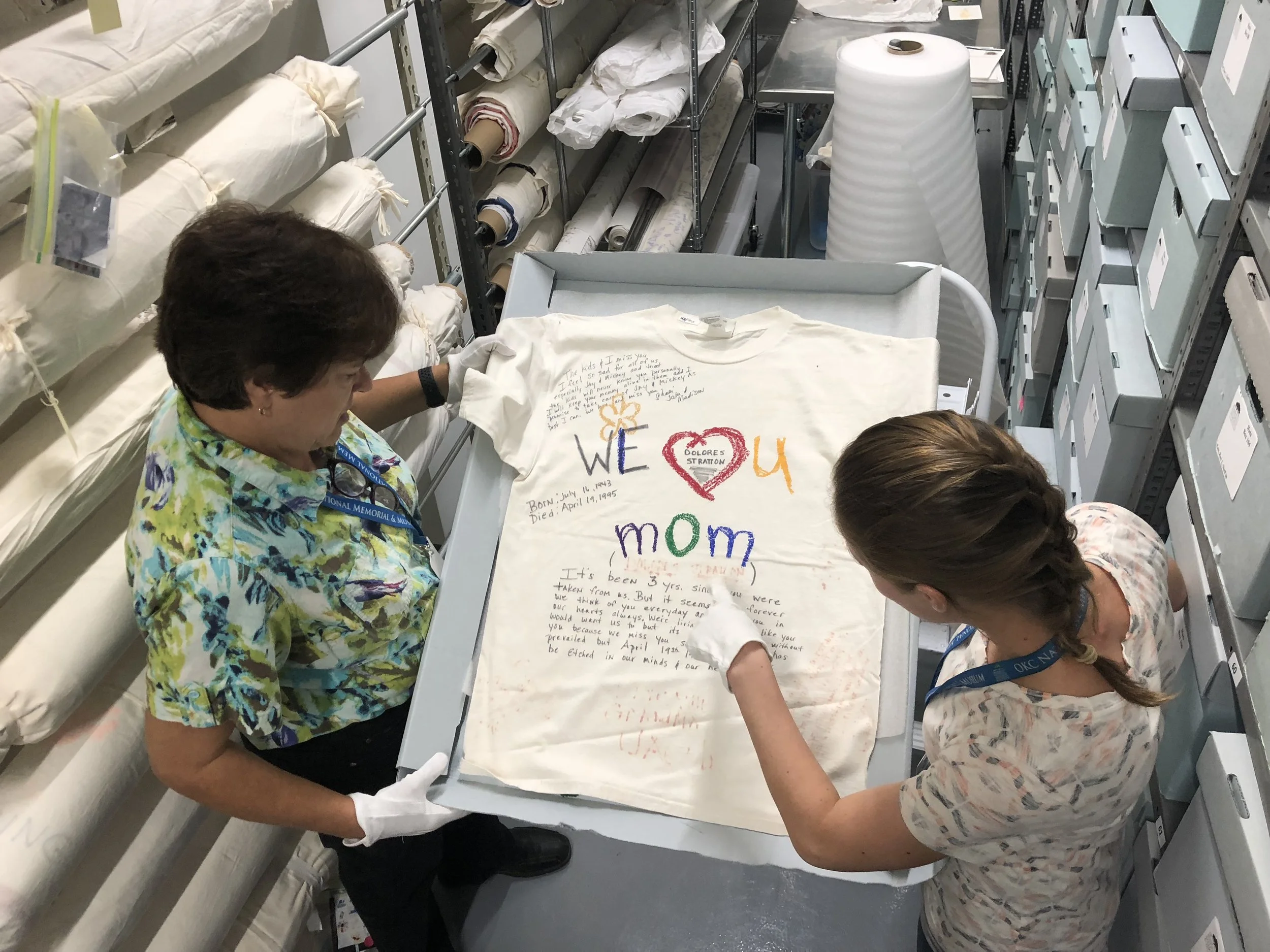 Helen Stiefmiller, left, handles archival items inside Oklahoma City National Memorial and Museum.