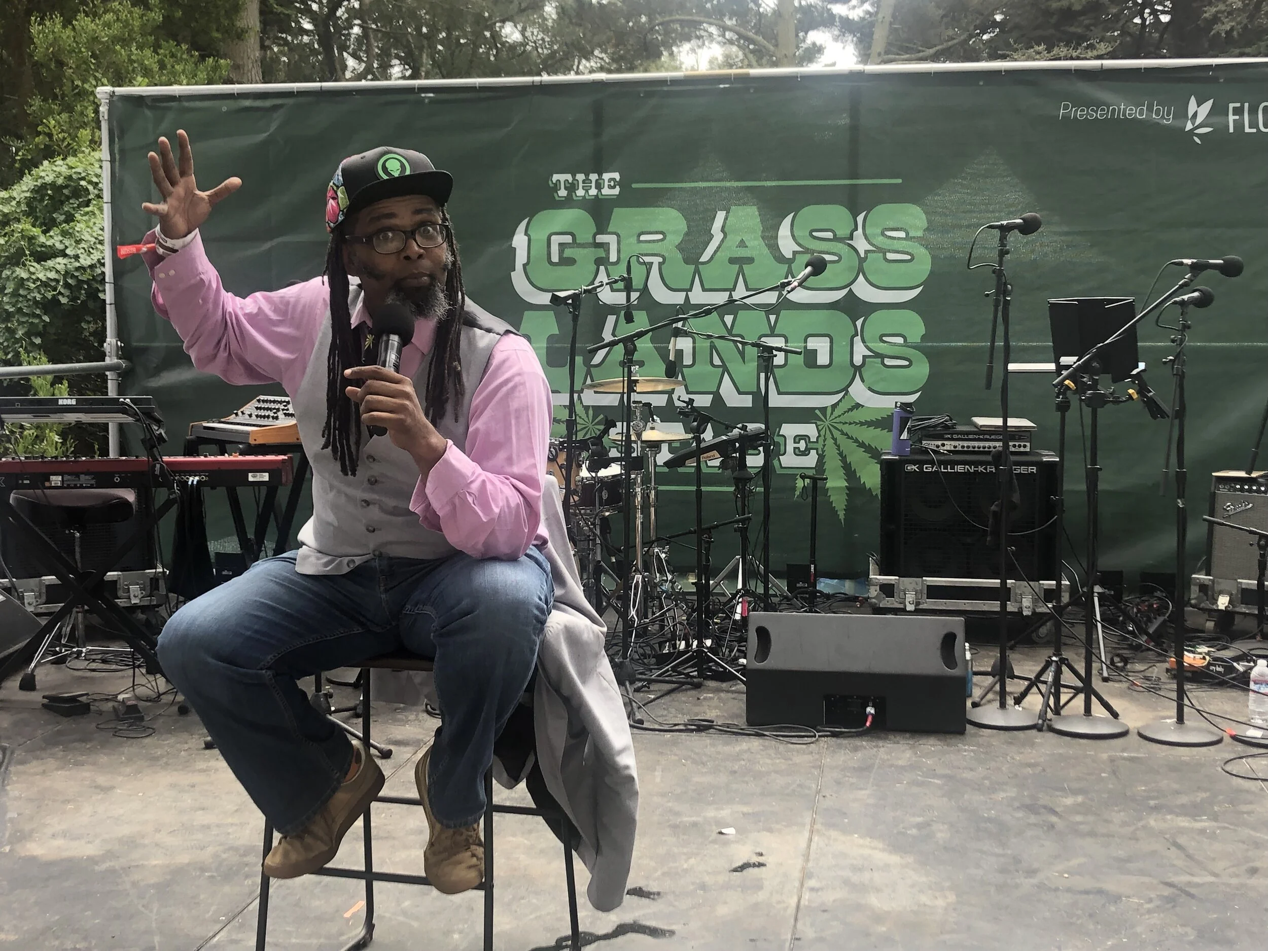 Comedian Ngaio Bealum performing on the Grass Lands Stage.