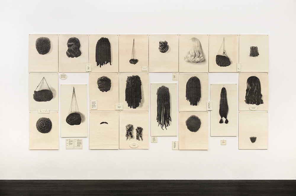  Wigs (Portfolio), 1994, waterless litho on felt, 72" x 162" (installed), edition 15 + 2 AP image © Lorna Simpson, courtesy the artist and Hauser &amp; Wirth 