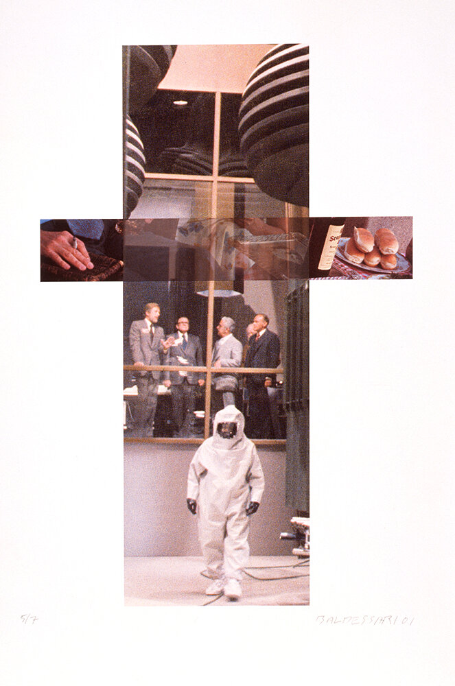  John Baldessari,  The Intersection Series: Hand (with cigarette), Bottle, Buns/Astronaut (with four other persons),  2001. Courtesy of The Estate of John Baldessari. 