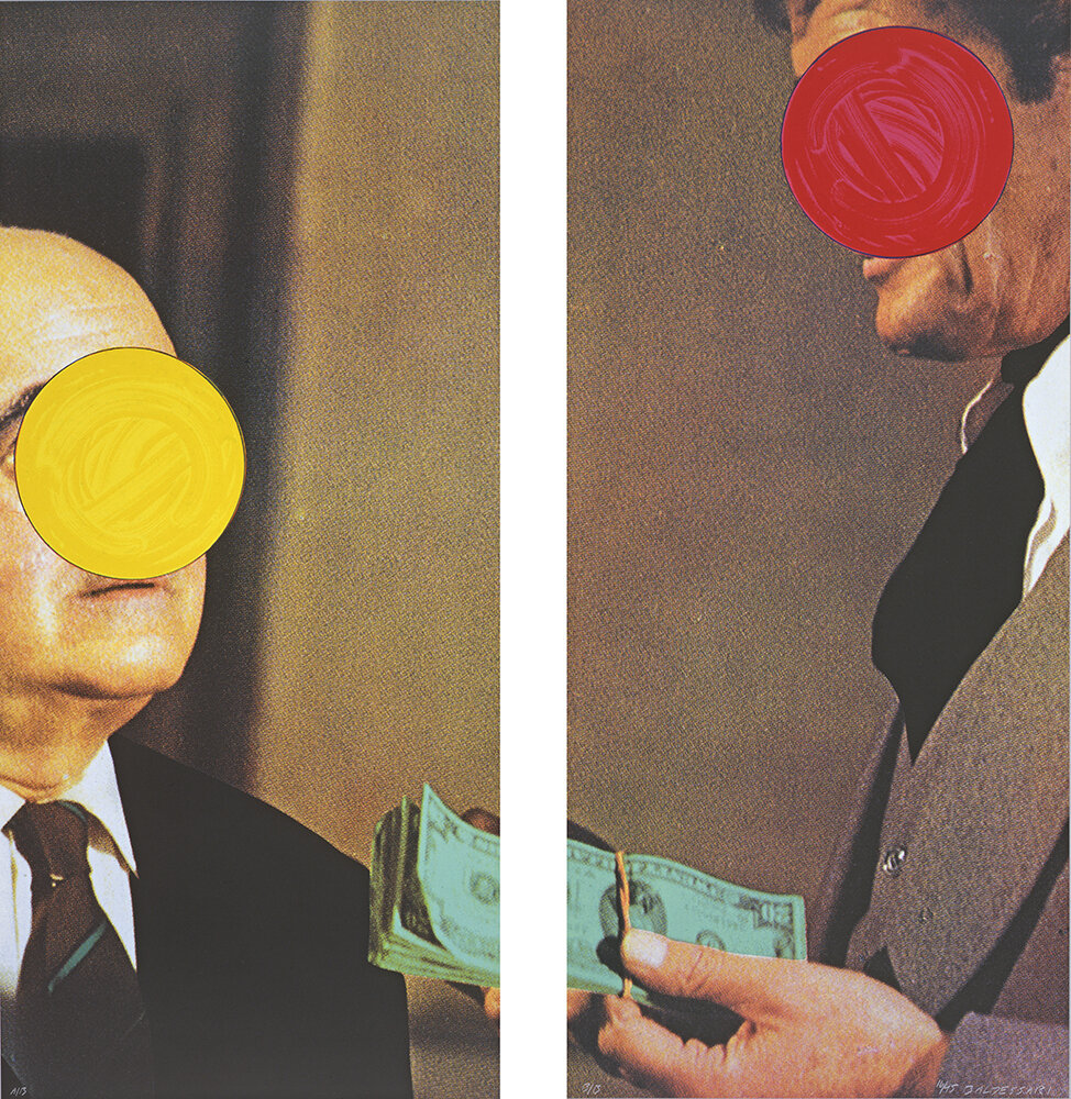  John Baldessari:  Money (with Space Between) , from the series  A French Horn Player, A Square Blue Moon, and Other Subjects,  1994. Courtesy of The Estate of John Baldessari.         