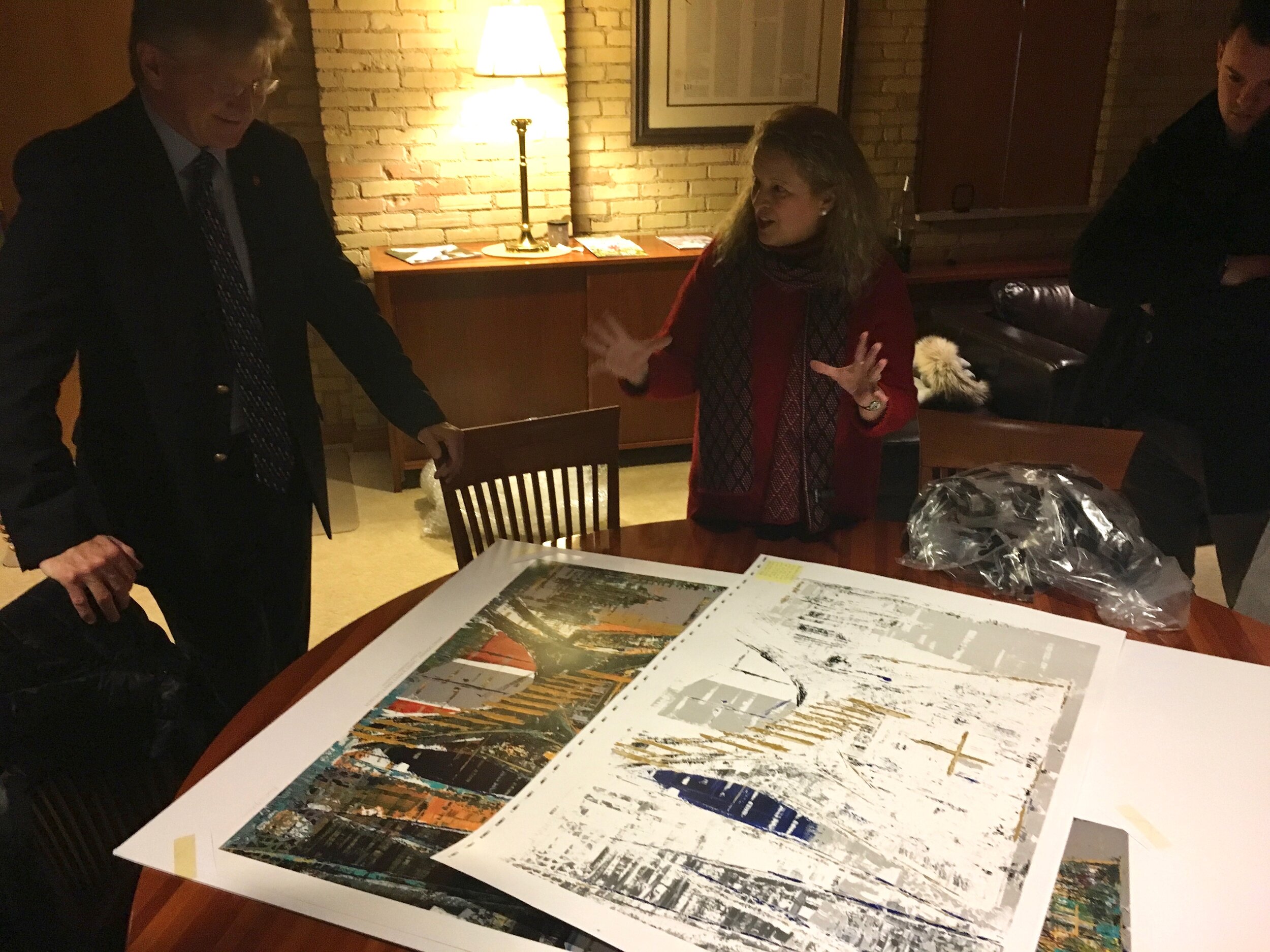 Thank you to the fantastic printing team at John Roberts for working the nine hours it took to make the lithograph print of “Anno Domini- Winter”. It was such a thrill to work with you and to have my print made by the same team that printed the Saint John’s bible. It was an extrodinary experience as was presenting it to the president of Saint John’s, Dr. Michael Hemesath. All the proceeds of the print sales will go to the art department at Saint Johns.