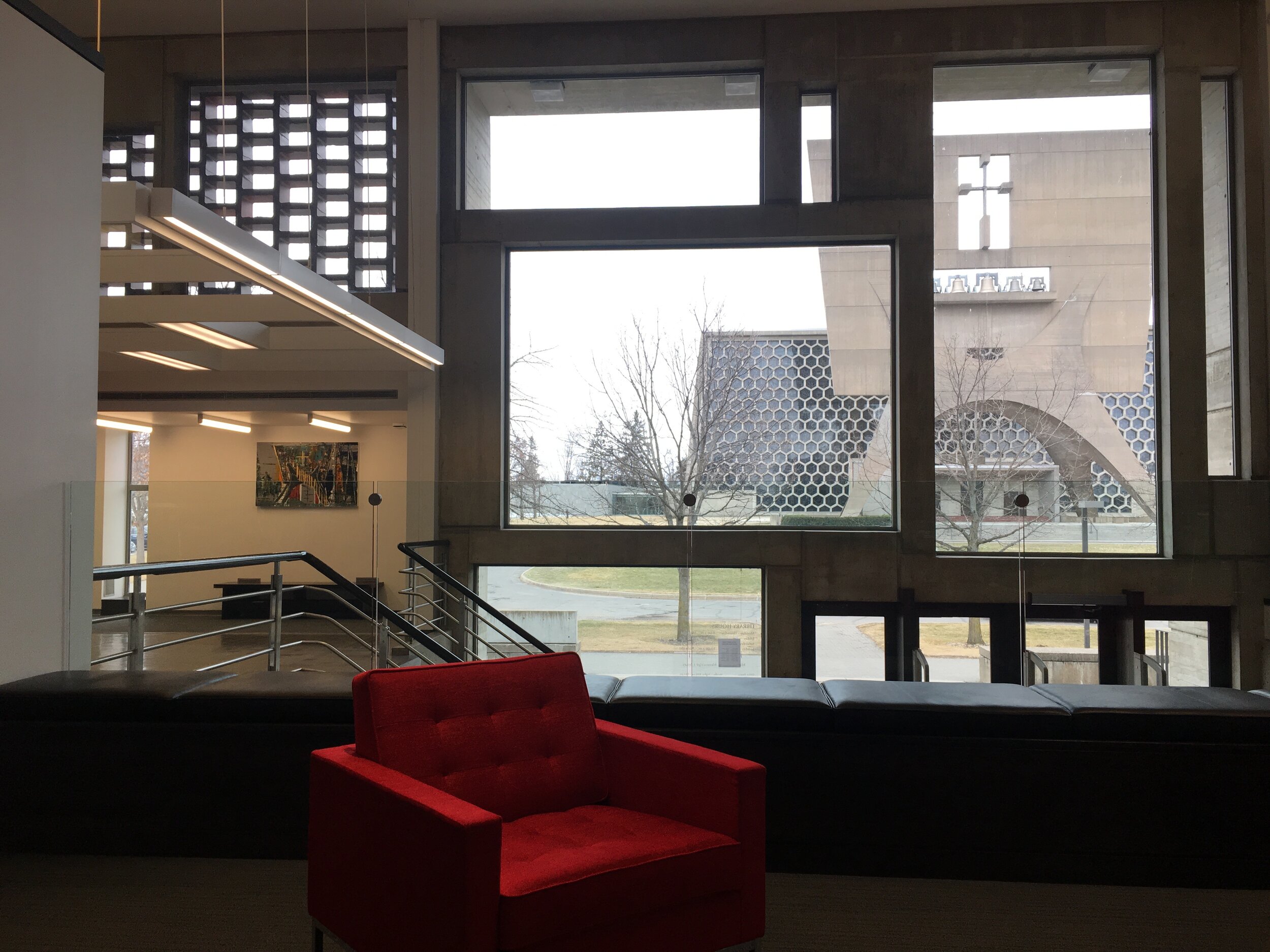 Thank you to Saint John’s University for finding such a spectacular home for my painting “Anno Domini- Saint John’s Abby “. It is such a thrill to have it in your library that was designed by Marcel Breuer and resting over one of his original benches.